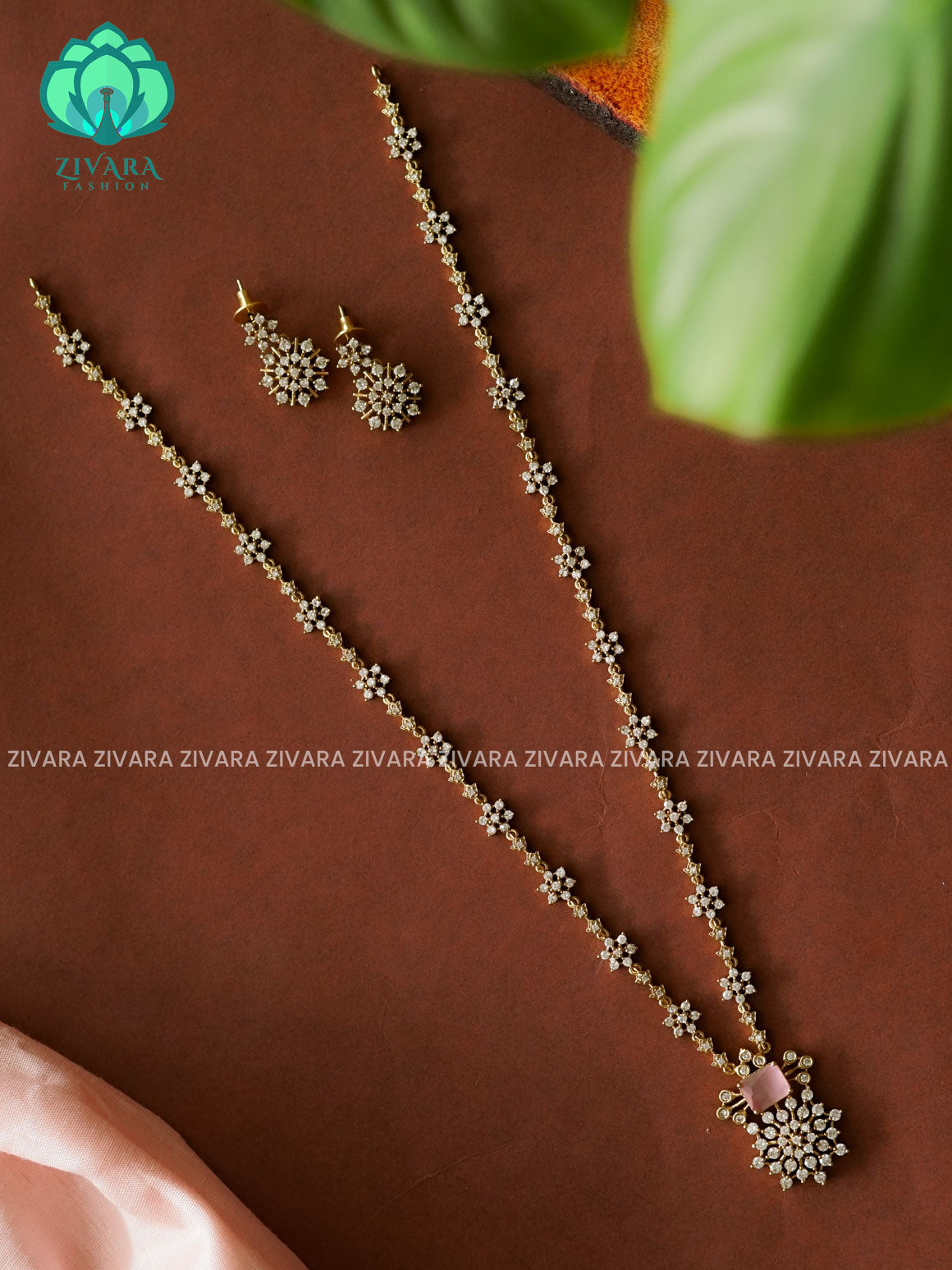PASTEL PINK STAR ELEGANT  - Traditional PREMIUM MATTE polish MIDCHEST haaram/neckwear with earrings- Zivara Fashion