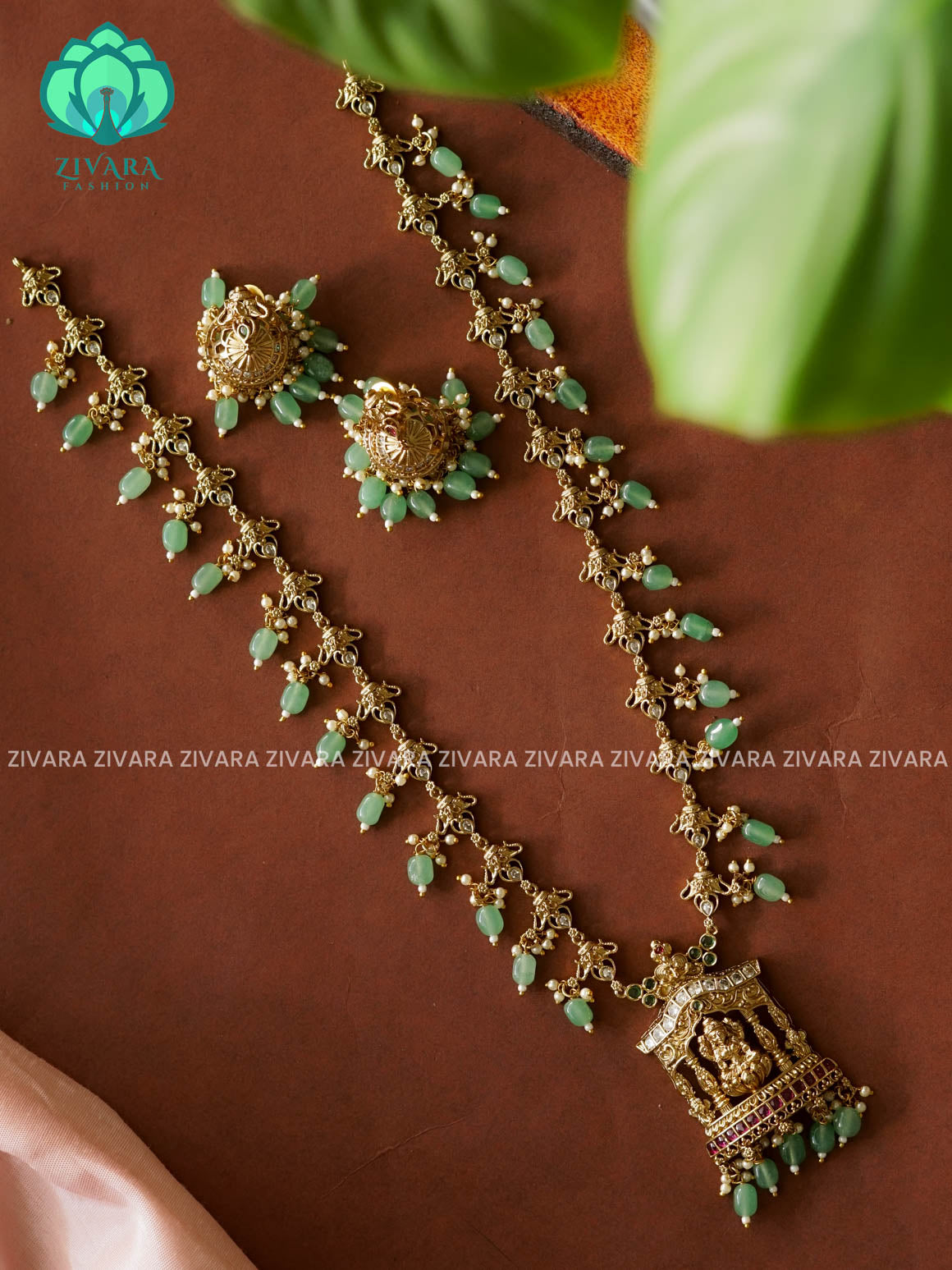PASTEL GREEN BEADS - Traditional PREMIUM MATTE polish MIDCHEST haaram/neckwear with earrings- Zivara Fashion