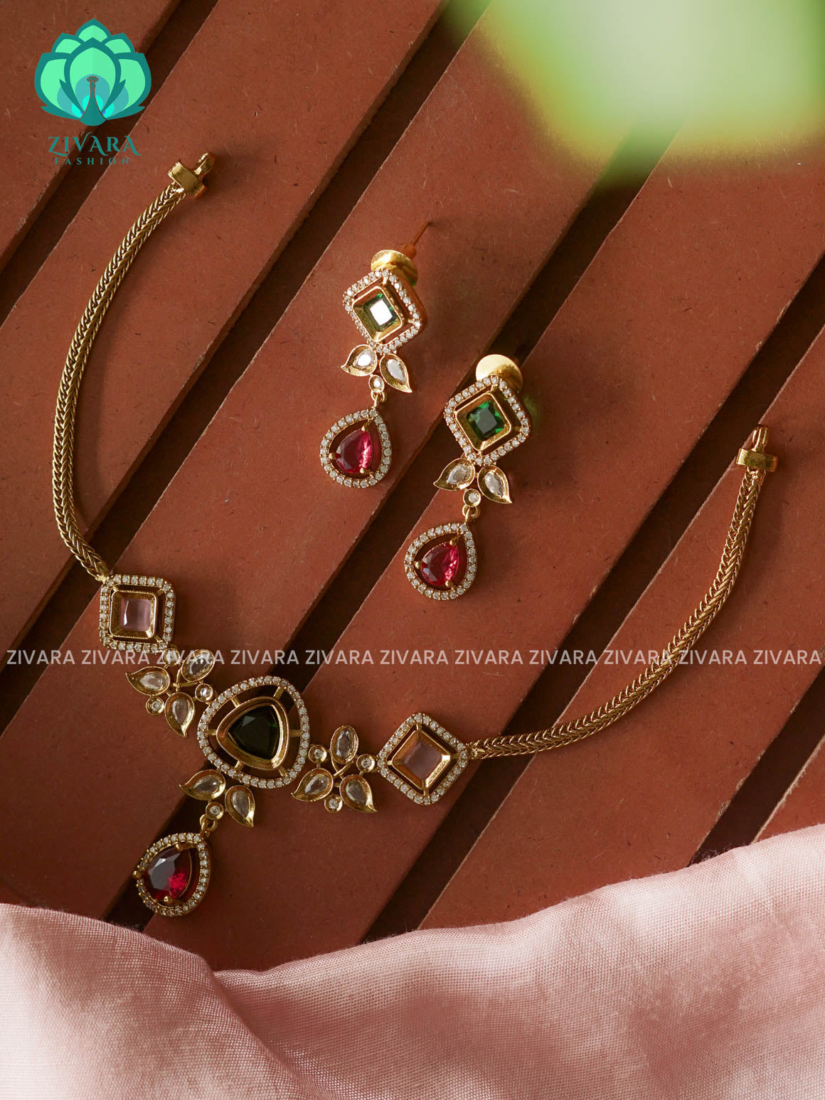Multicolour  Diamond and Triangle pendant -Traditional south indian premium neckwear with earrings- Zivara Fashion- latest jewellery design