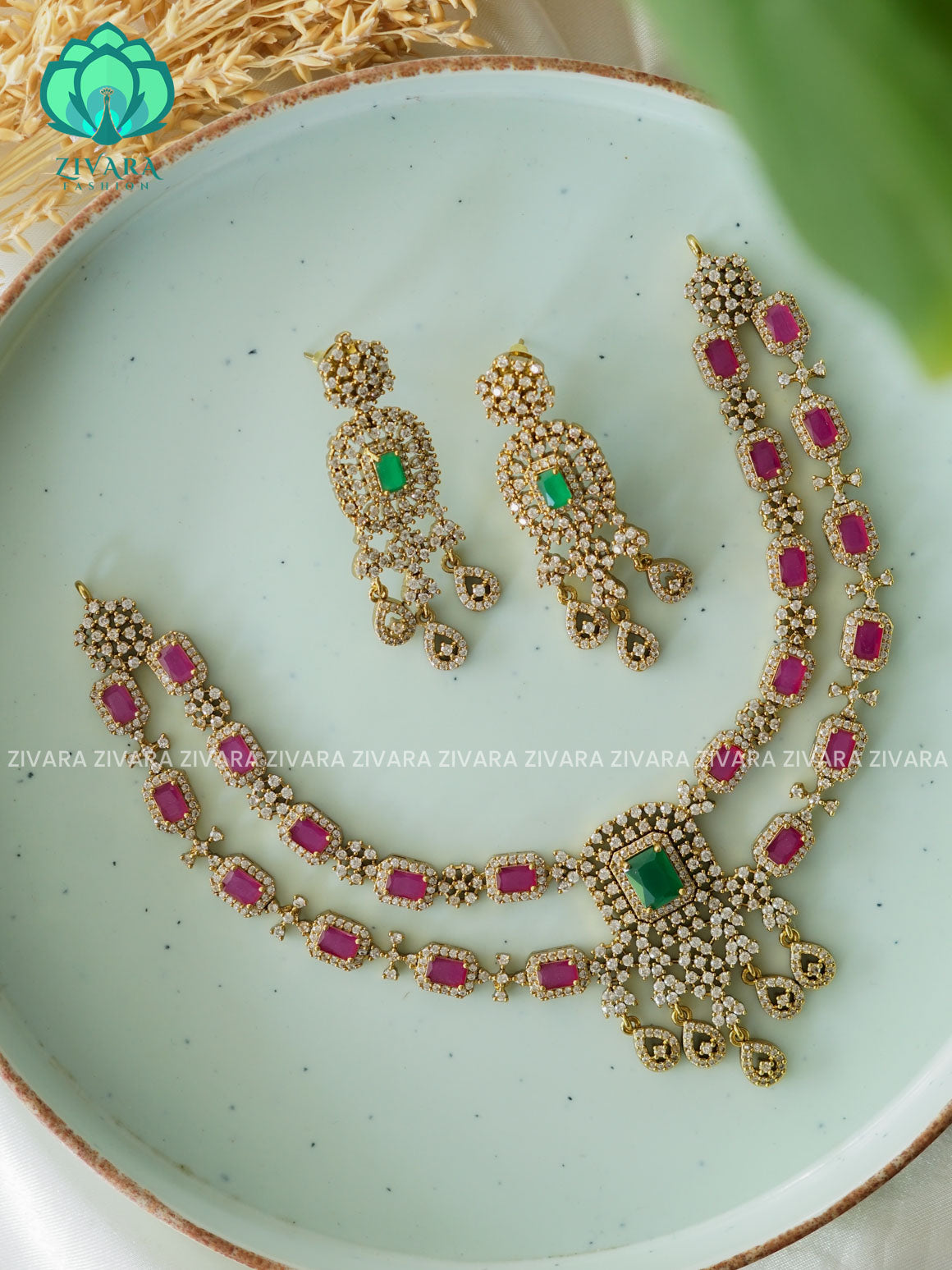 EXUBERANT BRIDAL REAL KEMP NECK WEAR WITh EARRINGS   - Premium quality CZ Matte collection-south indian jewellery