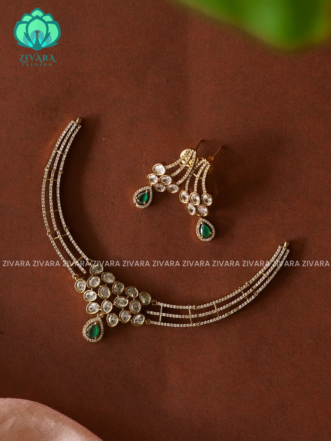 GREEN -CUTE HASLI - Gold finish stylish and minimal elegant neckwear with earrings- Zivara Fashion
