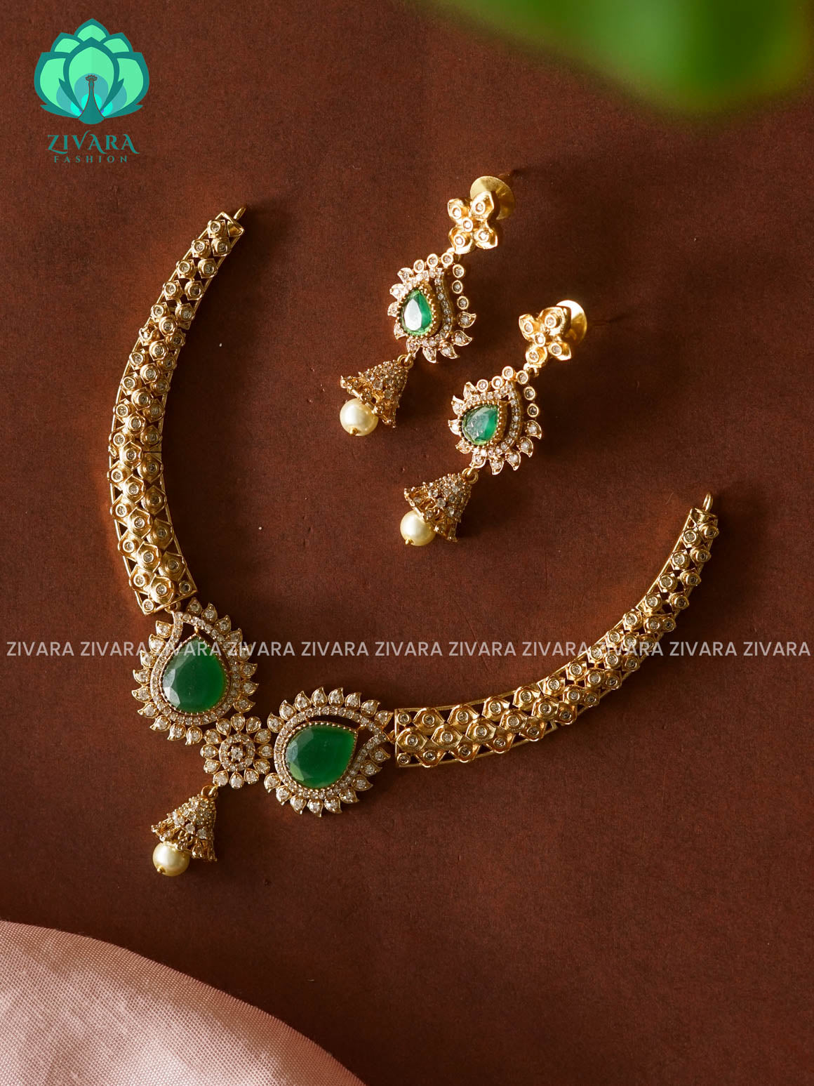 GREEN STONE hasli NECK WEAR WITh EARRINGS   - Premium quality CZ Matte collection-south indian jewellery