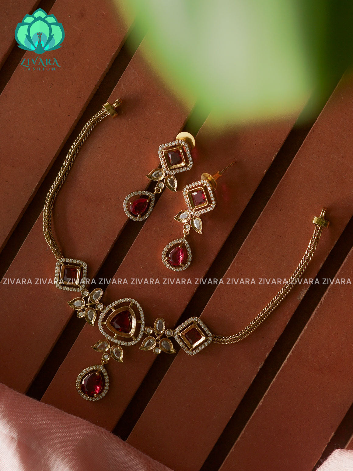 Ruby Diamond and Triangle pendant -Traditional south indian premium neckwear with earrings- Zivara Fashion- latest jewellery design
