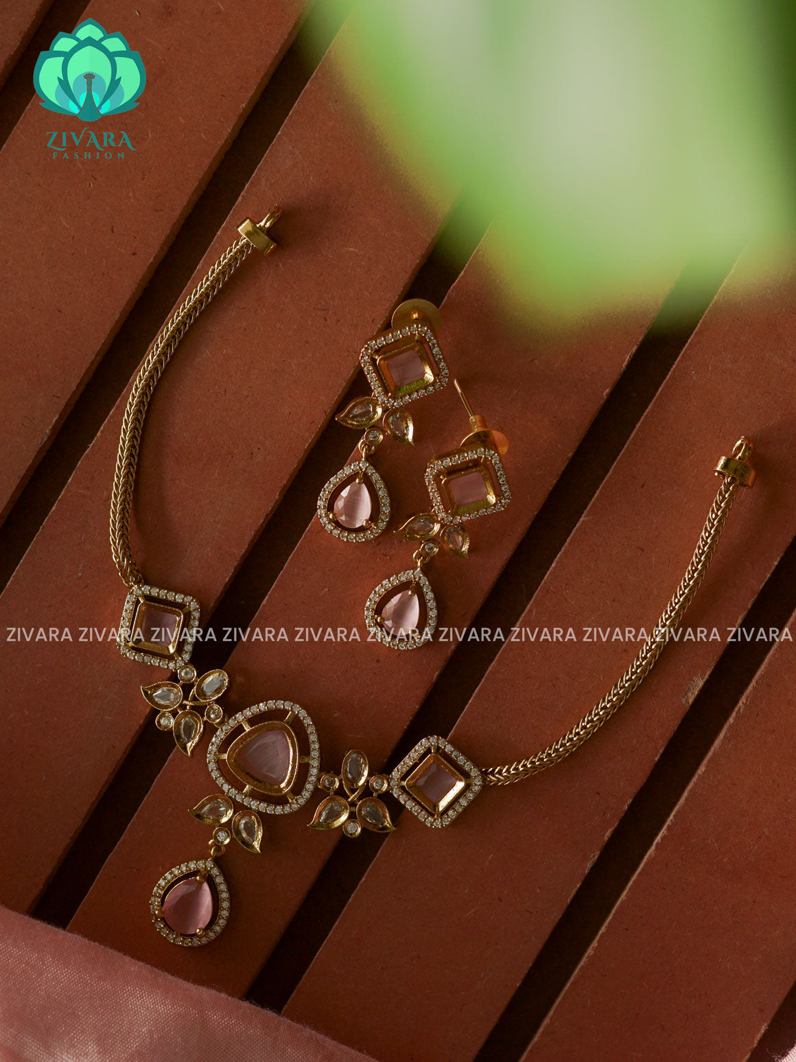 Pink Diamond and Triangle pendant -Traditional south indian premium neckwear with earrings- Zivara Fashion- latest jewellery design
