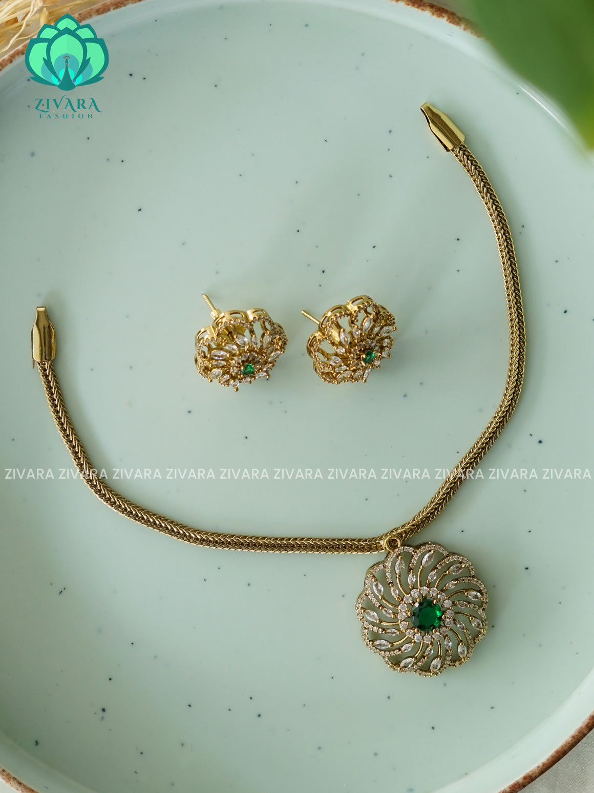 GREEN ROUND FLOWER - FLEXIBLE CHAIN WITH HANGINGS -Traditional south indian premium neckwear with earrings- Zivara Fashion- latest jewellery design