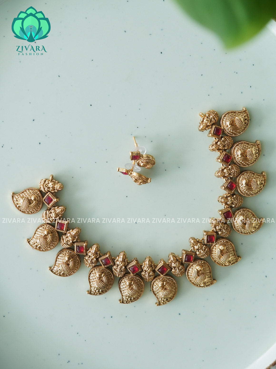 RUBY HOT SELLING  MANGO PEACOCK  Traditional south indian NORMAL MATTE neckwear with earrings- Zivara Fashion- latest jewellery desigN