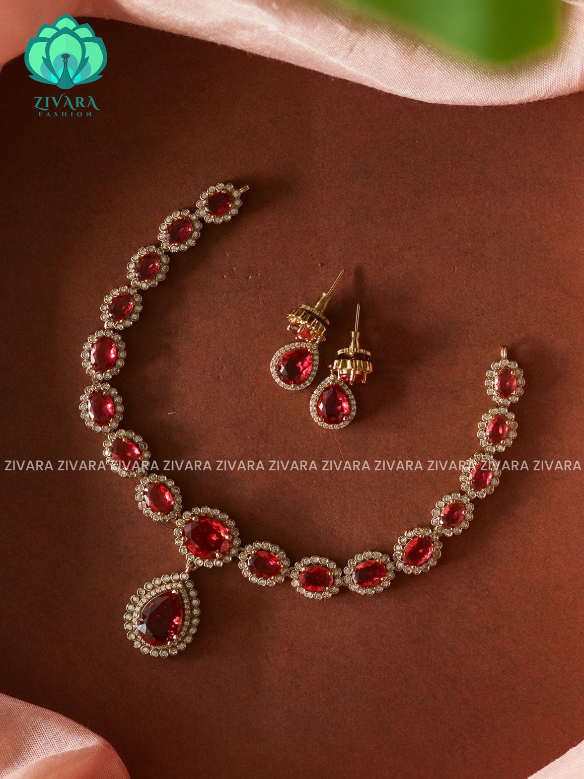RUBY  - TEAR PENDANT OVAL STONE  - stylish and minimal elegant neckwear with earrings- Zivara Fashion