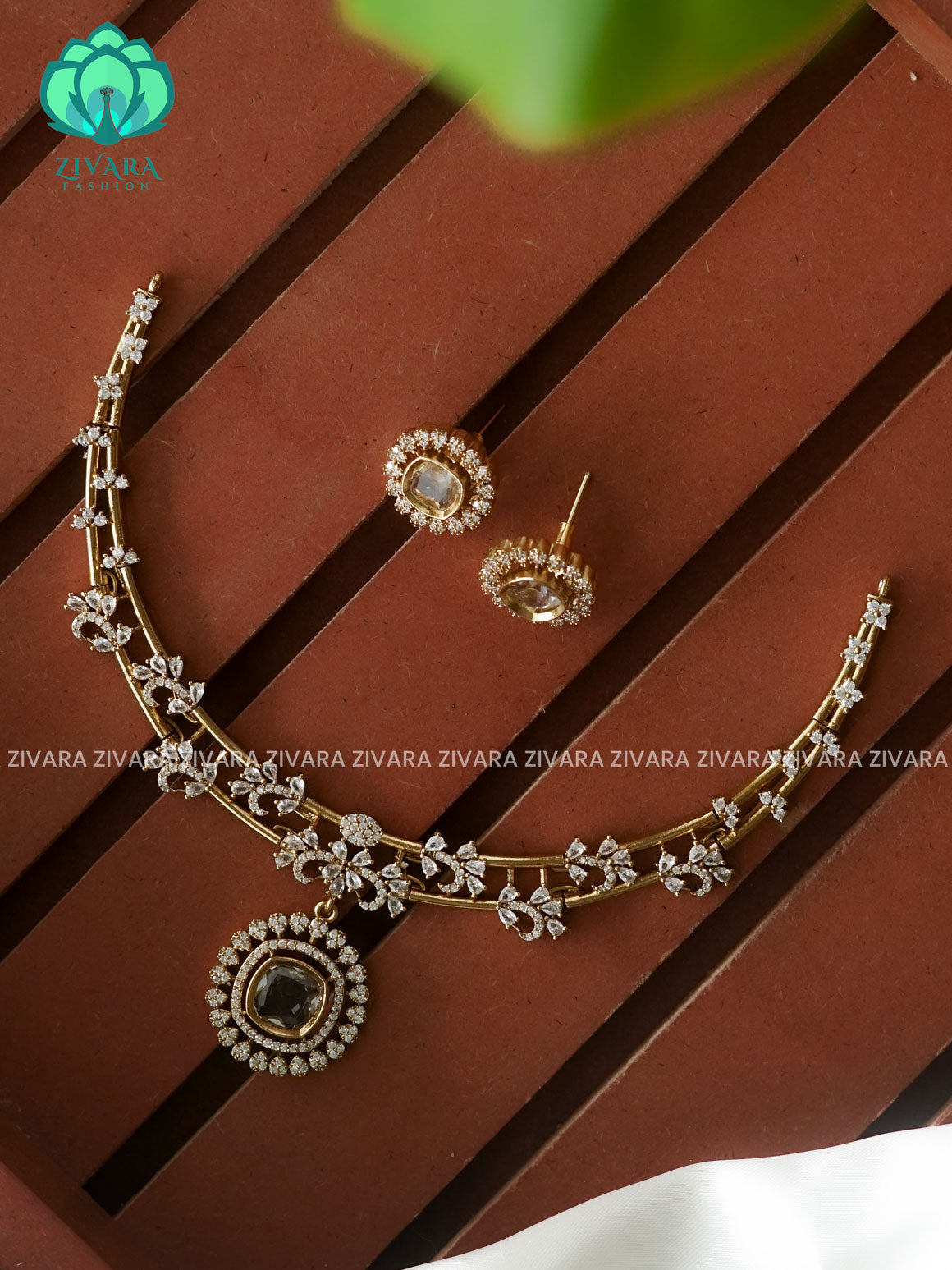WHITE - CIRCLE STONE ELEGANT HASLI  -PREMIUM SUBTLE GOLD FINISH  stylish and minimal elegant neckwear with earrings- Zivara Fashion