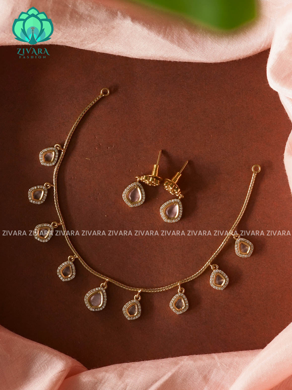 PINK TEAR- FLEXIBLE CHAIN WITH HANGING -Traditional south indian premium neckwear with earrings- Zivara Fashion- latest jewellery design
