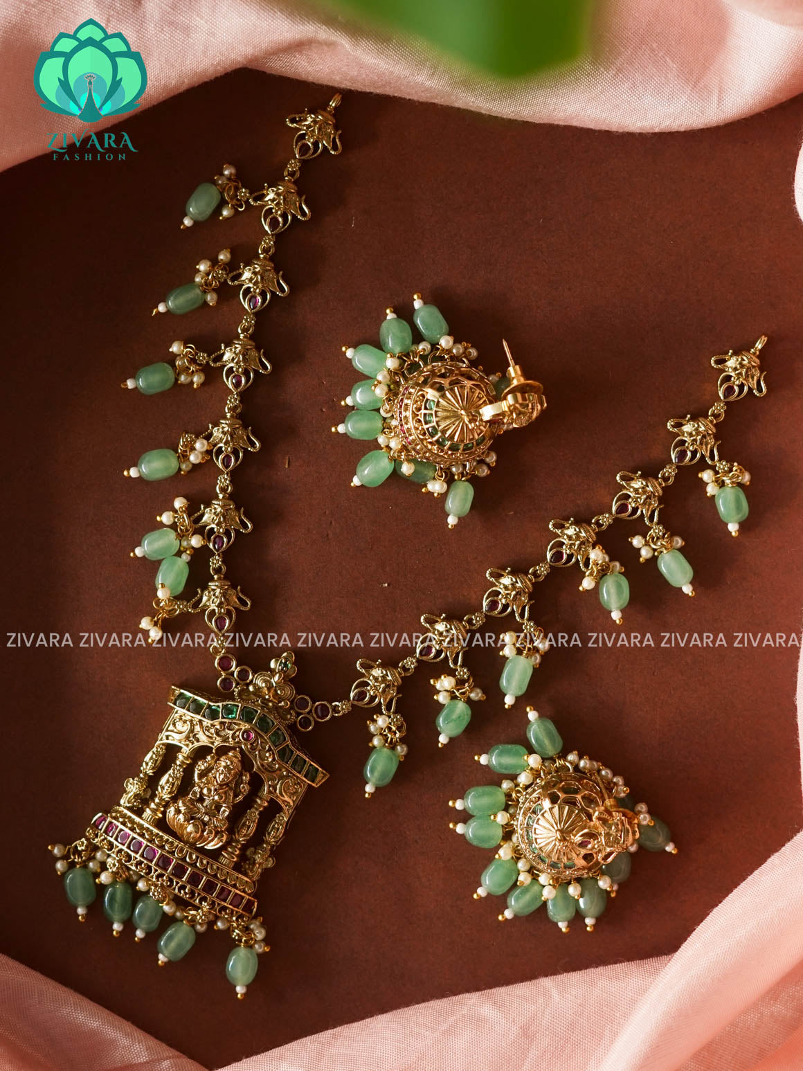 PASTEL GREEN Nakshi Bridal temple -Traditional south indian premium neckwear with earrings- Zivara Fashion- latest jewellery design