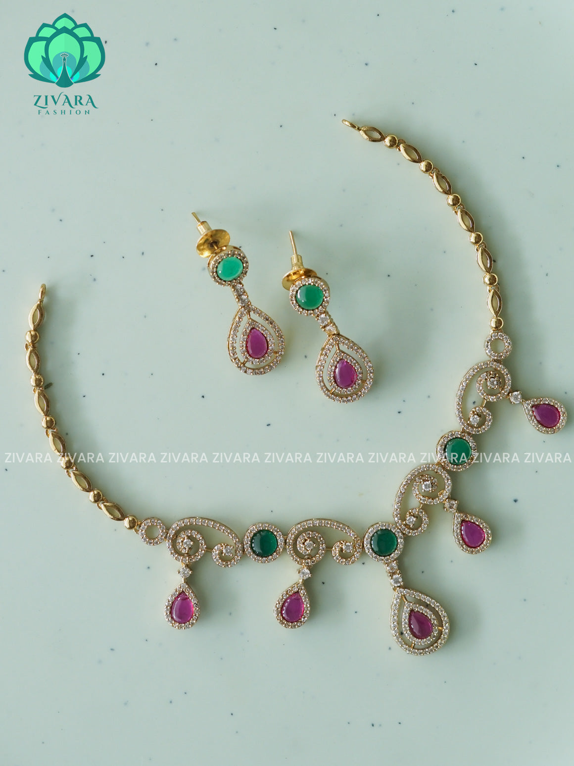 RUBY AND GREEN TEAR  - stylish and minimal elegant neckwear with earrings- Zivara Fashion