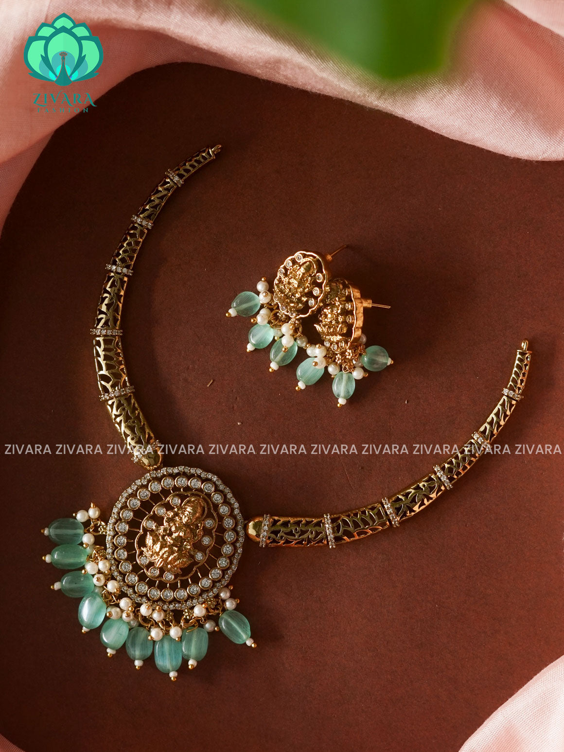 PASTEL GREEN- TEMPLE - Ultra premium SUBTLE GOLD  finish polish trending neckwear collection- bridal collection- Zivara Fashion