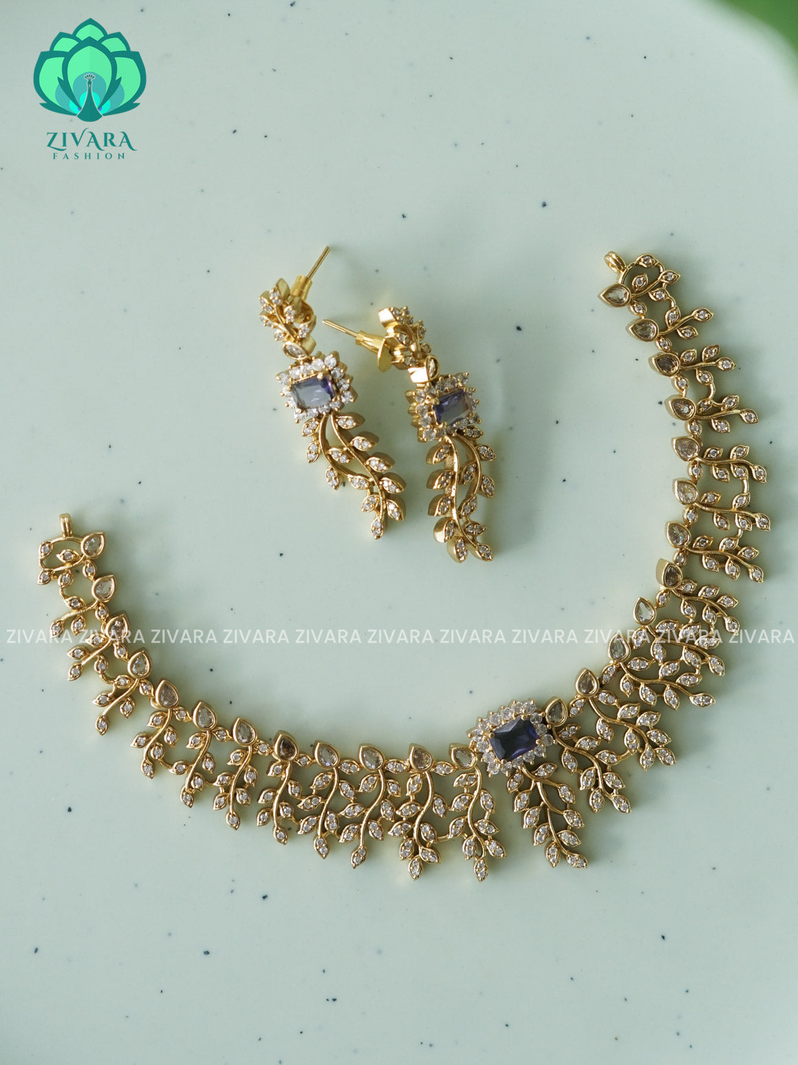 PURPLE LEAFY  DIAMOND REPLICA - stylish and minimal elegant neckwear with earrings- Zivara Fashion