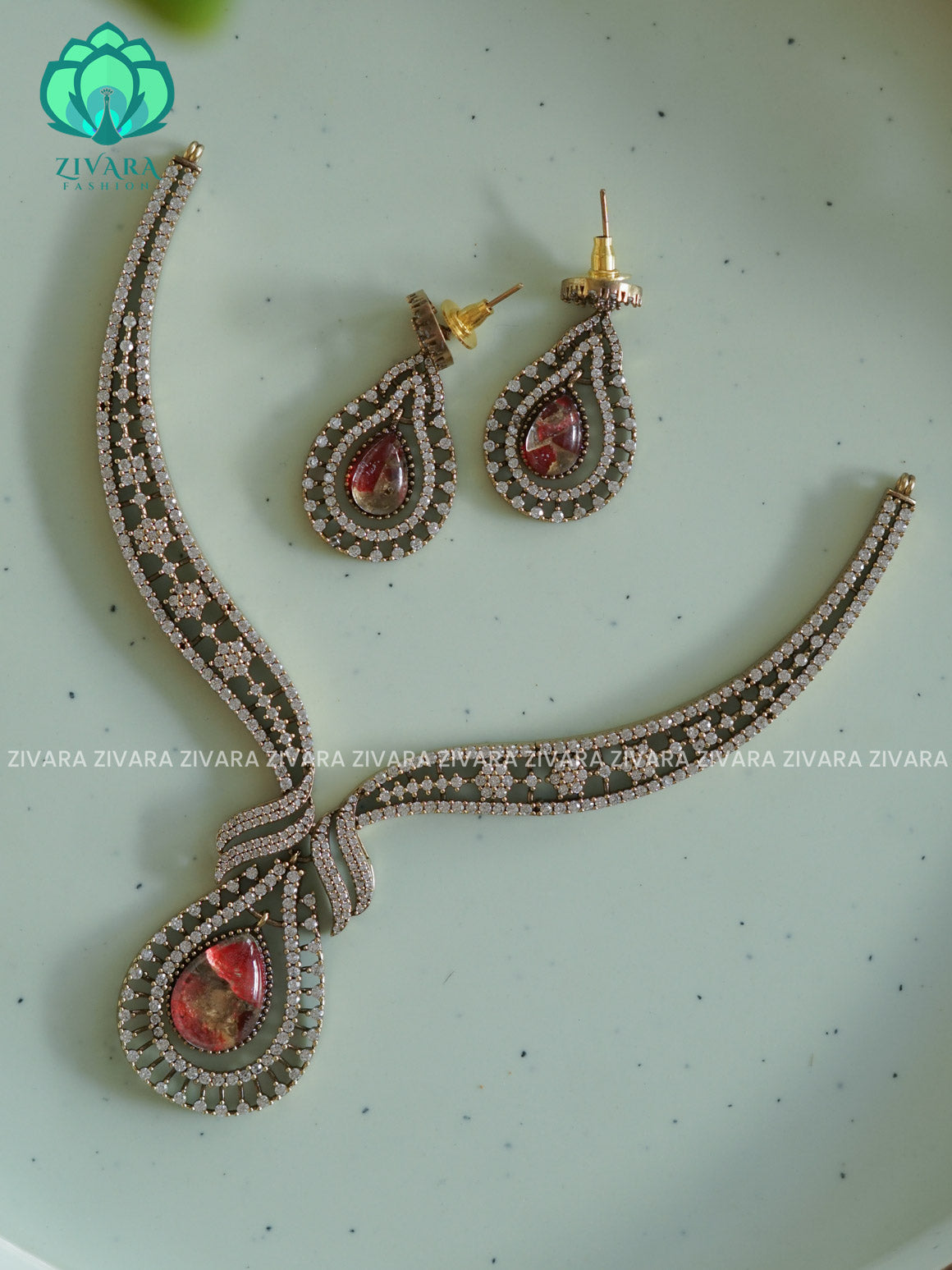 ORANGISH PINK  ROYAL PATTERN STONE HASLI south indian premium neckwear with earrings- Zivara Fashion- latest jewellery desigN