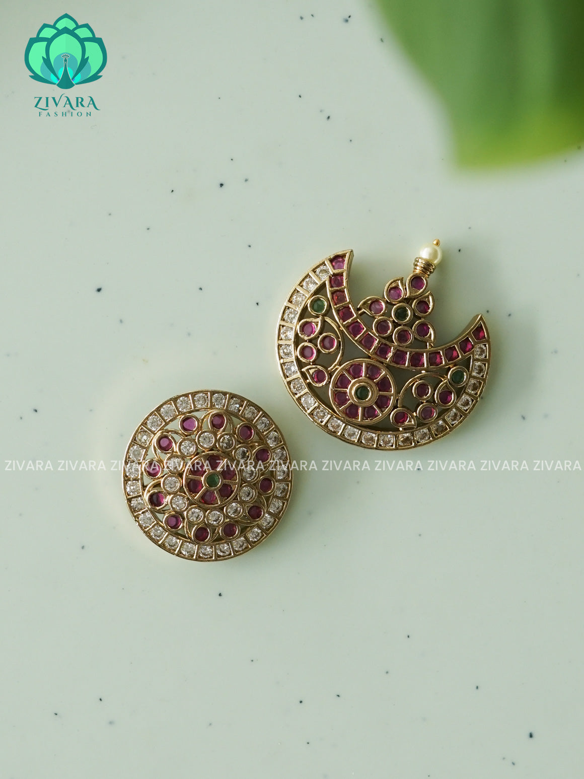 RUBY and GREEN -SUN MOON - SURYA CHANDRA - TRADITIONAL(2 INCHES) REAL KEMP  HAIR ACCESSORIES- ZIVARA FASHION