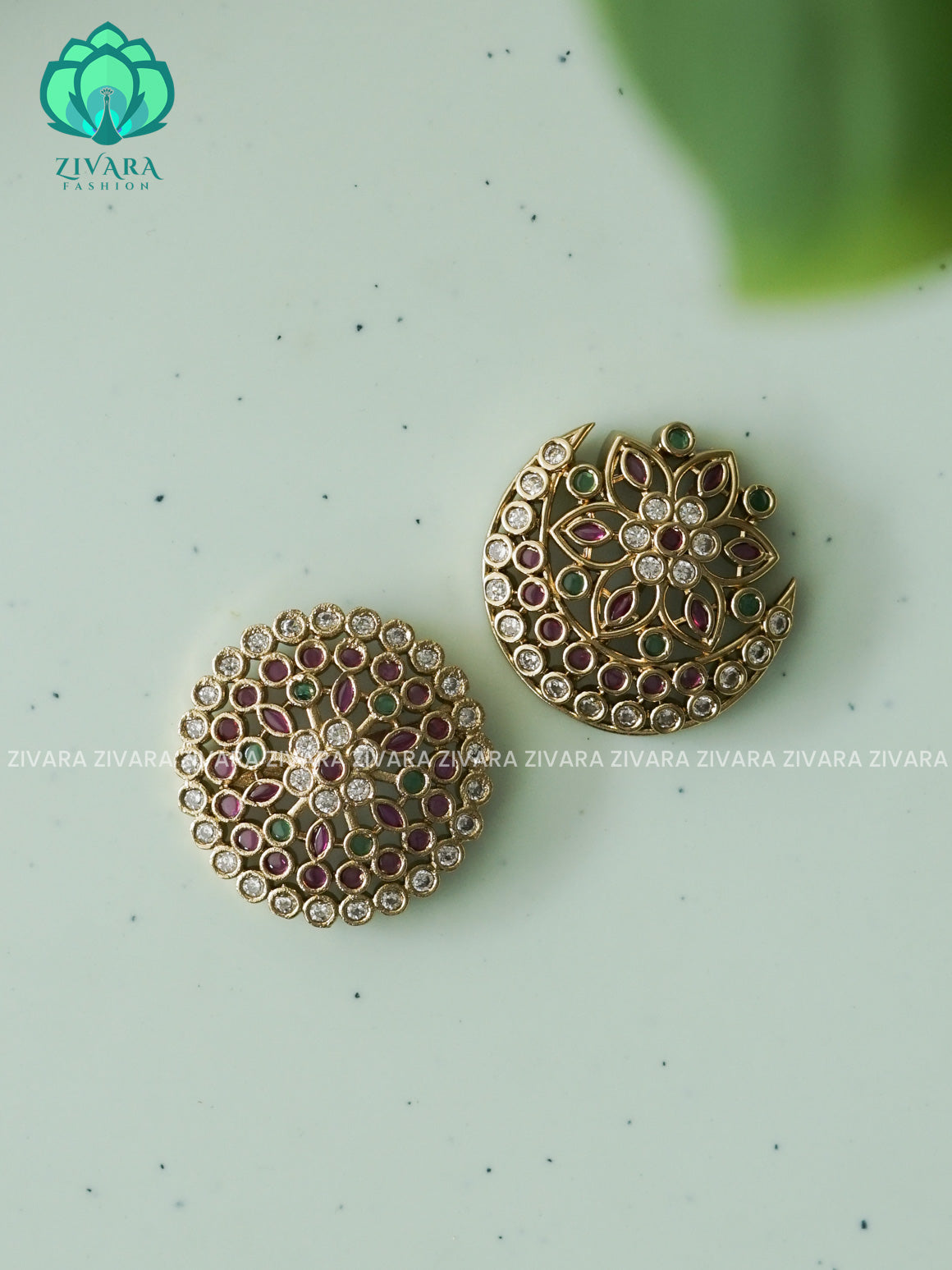 RUBY and GREEN -SUN MOON - SURYA CHANDRA - TRADITIONAL(2 INCHES) REAL KEMP  HAIR ACCESSORIES- ZIVARA FASHION