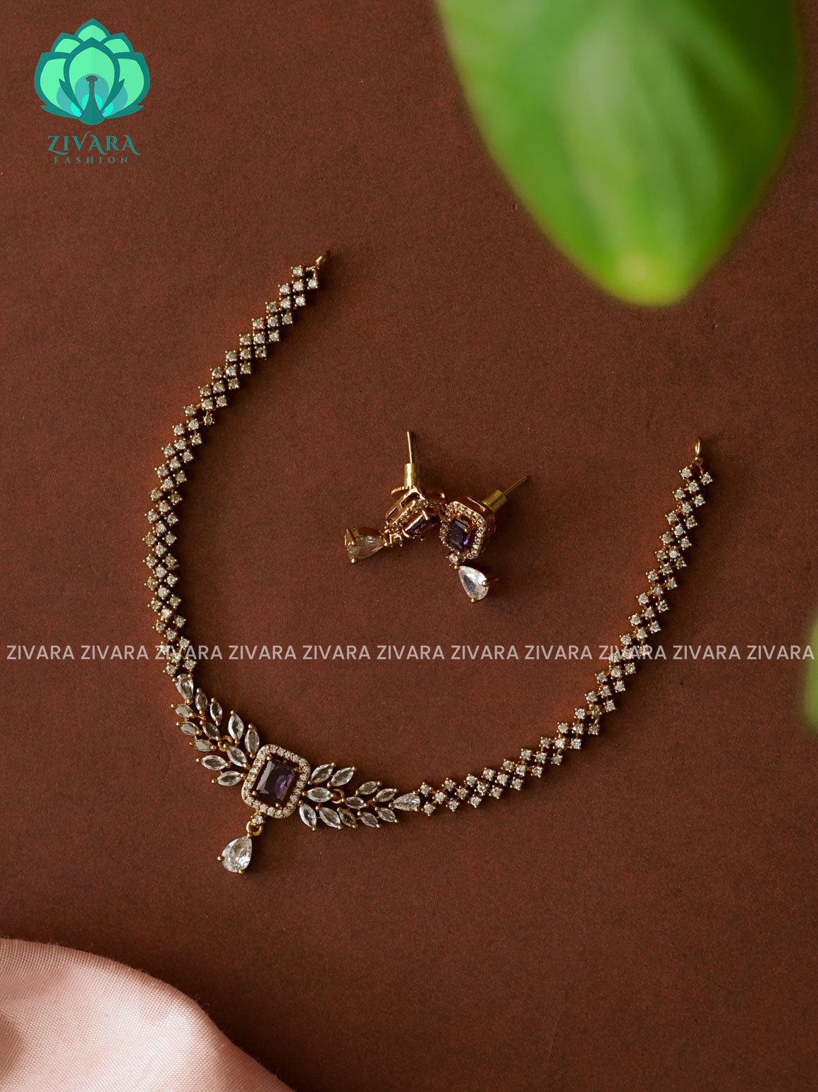 PURPLE DIAMOND LOOK ALIKE  - stylish and minimal elegant neckwear with earrings- Zivara Fashion
