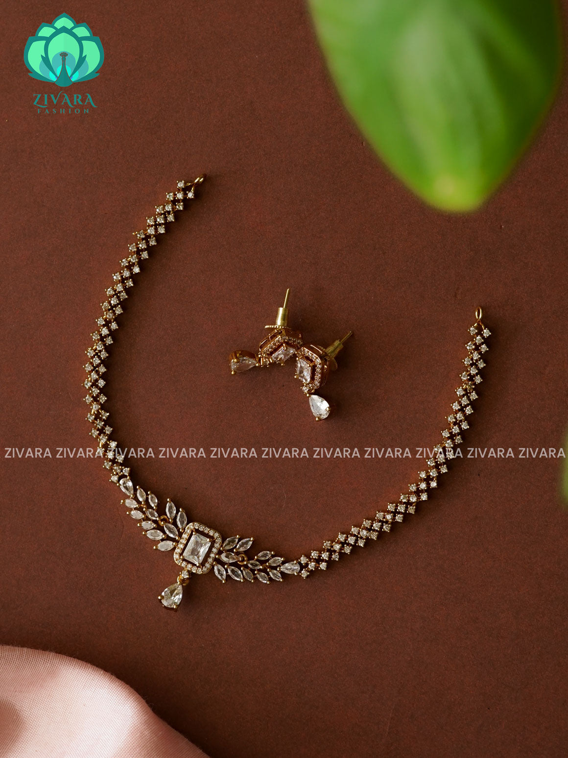 WHITE  DIAMOND LOOK ALIKE  - stylish and minimal elegant neckwear with earrings- Zivara Fashion