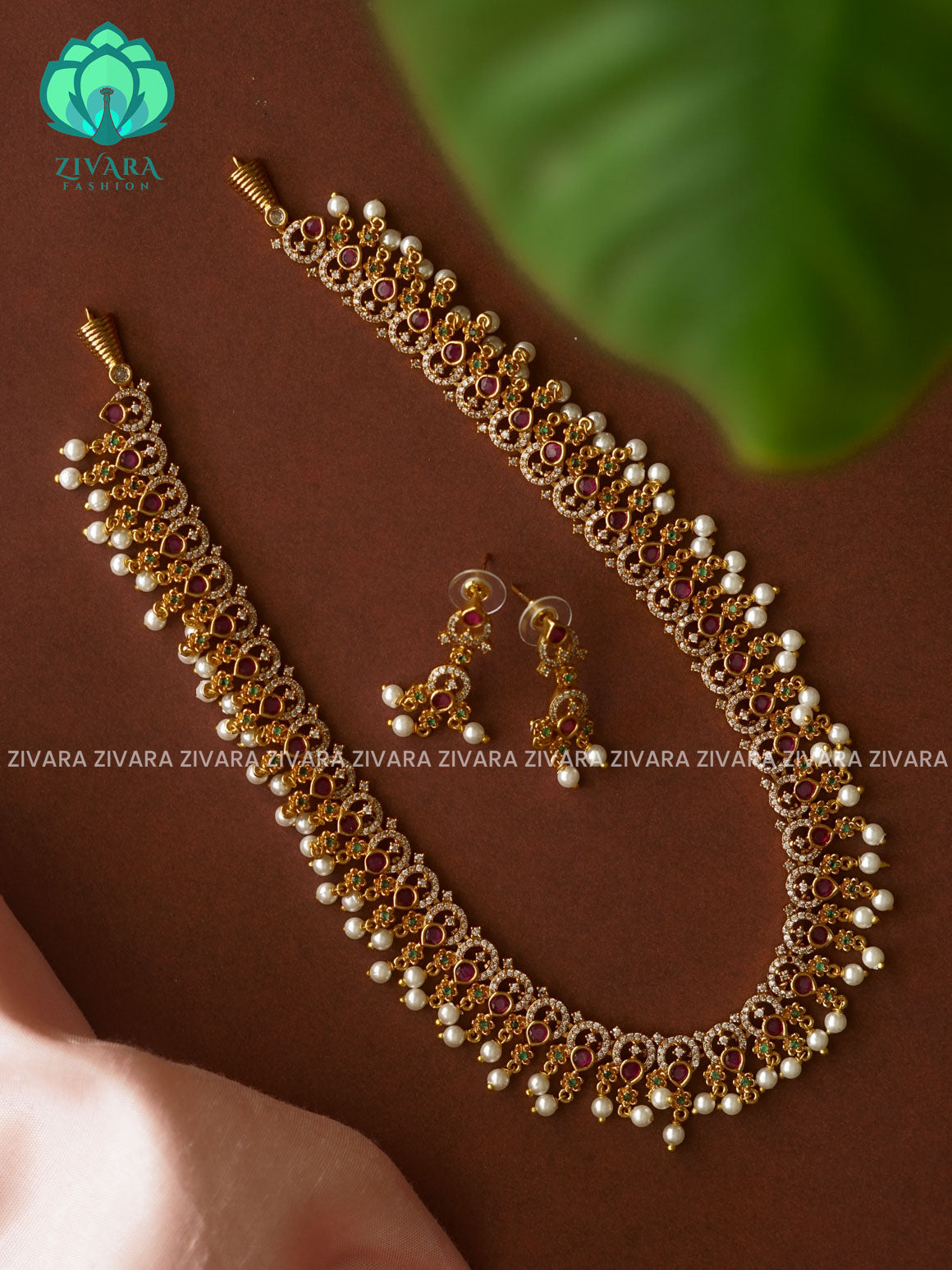 RUBY AND GREEN MOTIF FREE - Traditional premium long haaram/neckwear with earrings- Zivara Fashion