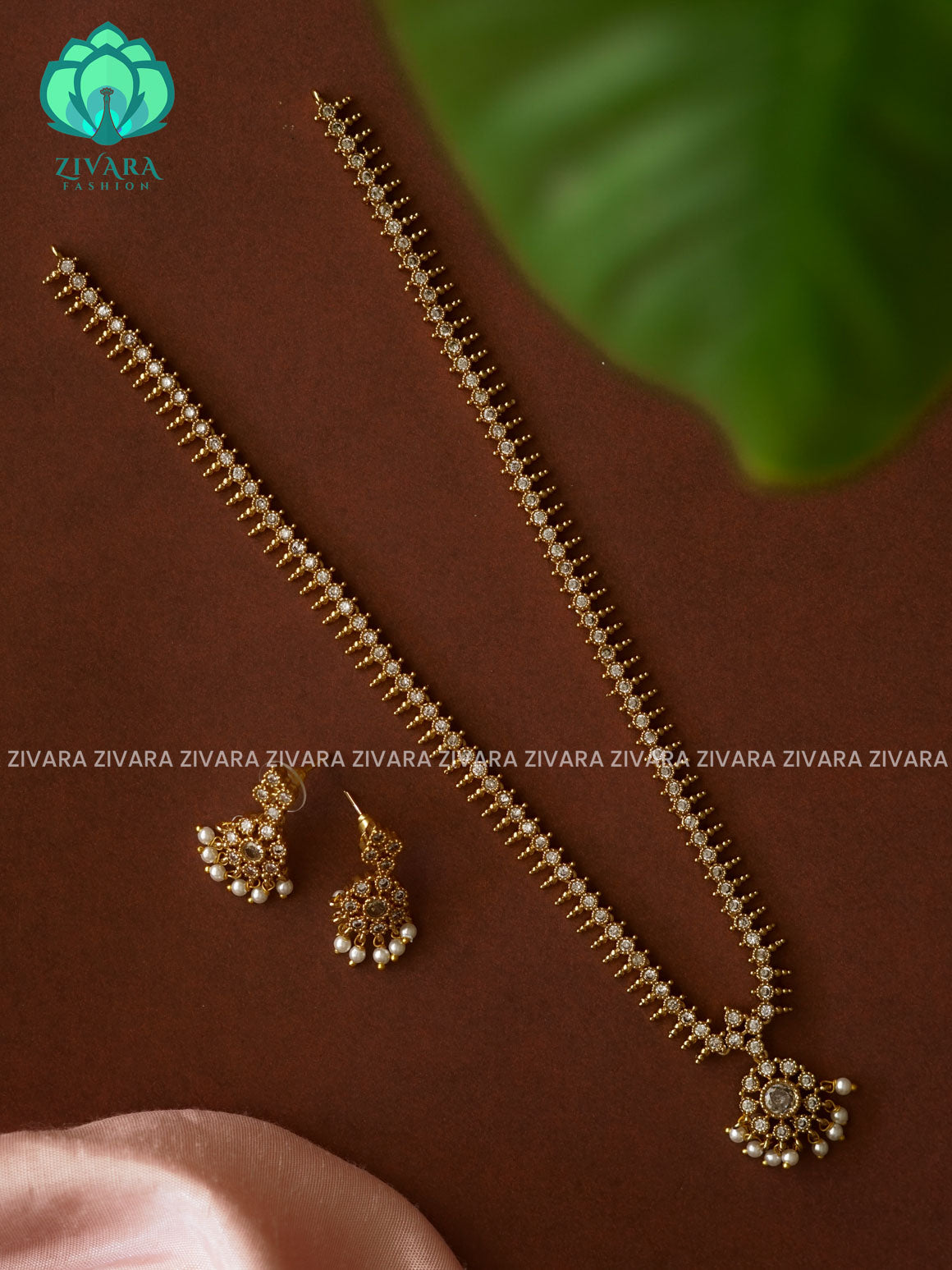 WHITE Simple attigai model MIDCHEST neckwear with earrings- CZ Matte Finish- Zivara Fashion