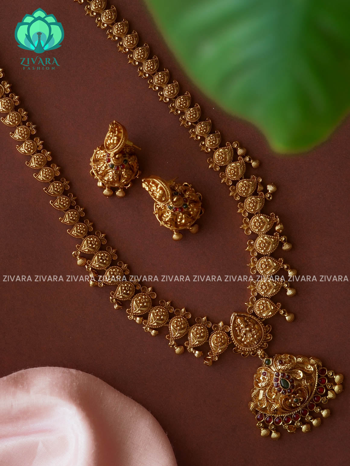 TEMPLE LONG - Traditional NORMAL MATTE polish MIDCHEST haaram/neckwear with earrings- Zivara Fashion