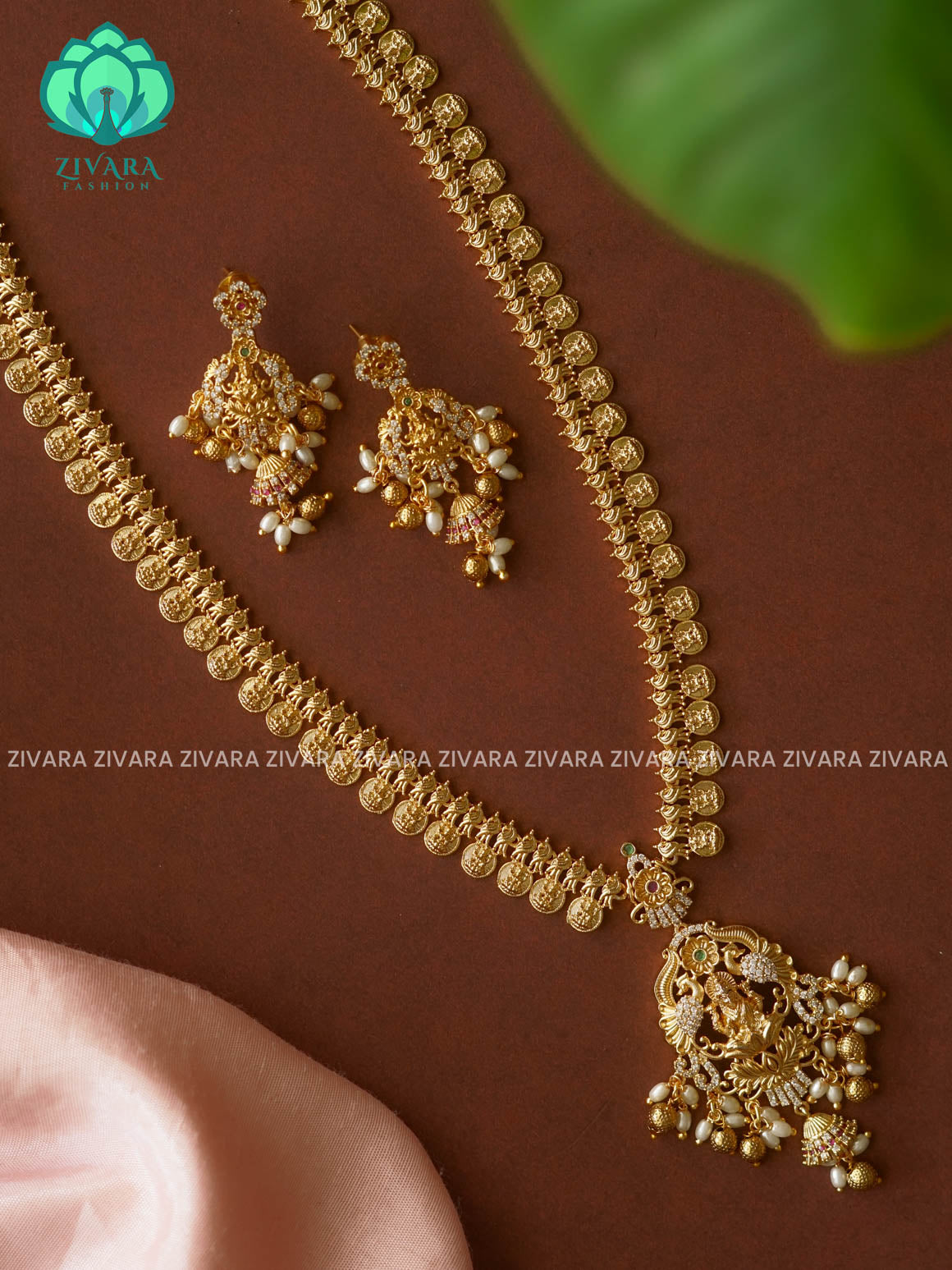 TEMPLE COIN LONG CHAIN  - Traditional PREMIUM MATTE polish MIDCHEST haaram/neckwear with earrings- Zivara Fashion