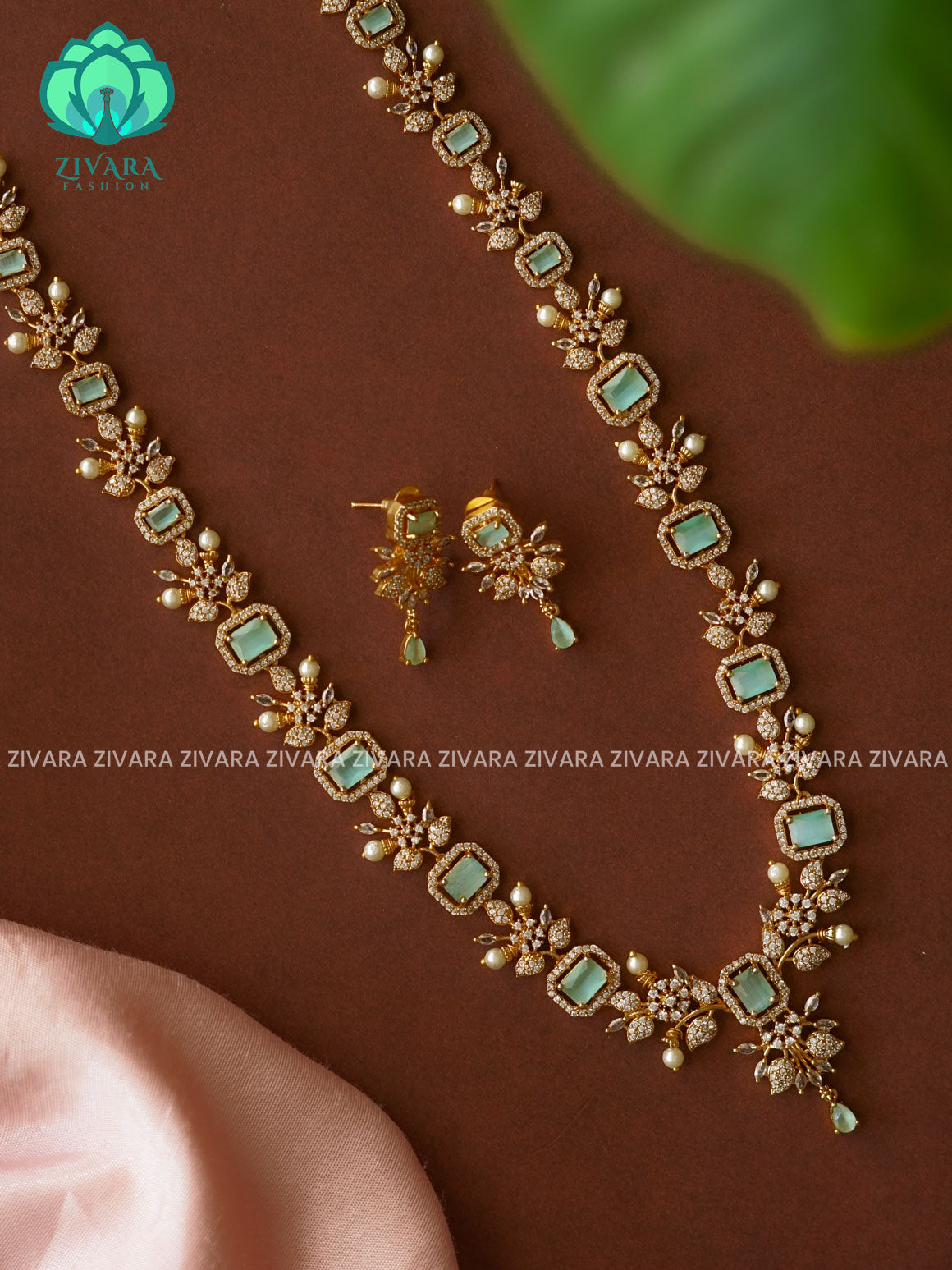 PASTEL GREEN  ELEGANT  - Traditional PREMIUM MATTE polish MIDCHEST haaram/neckwear with earrings- Zivara Fashion