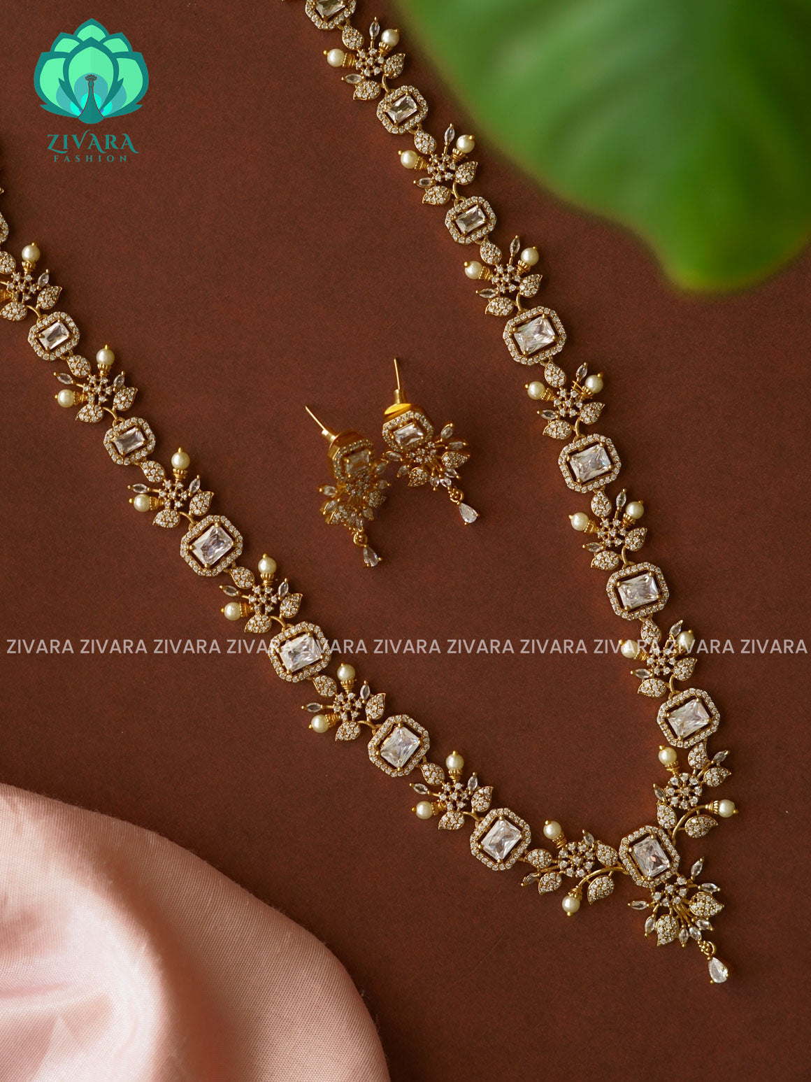 WHITE ELEGANT  - Traditional PREMIUM MATTE polish MIDCHEST haaram/neckwear with earrings- Zivara Fashion
