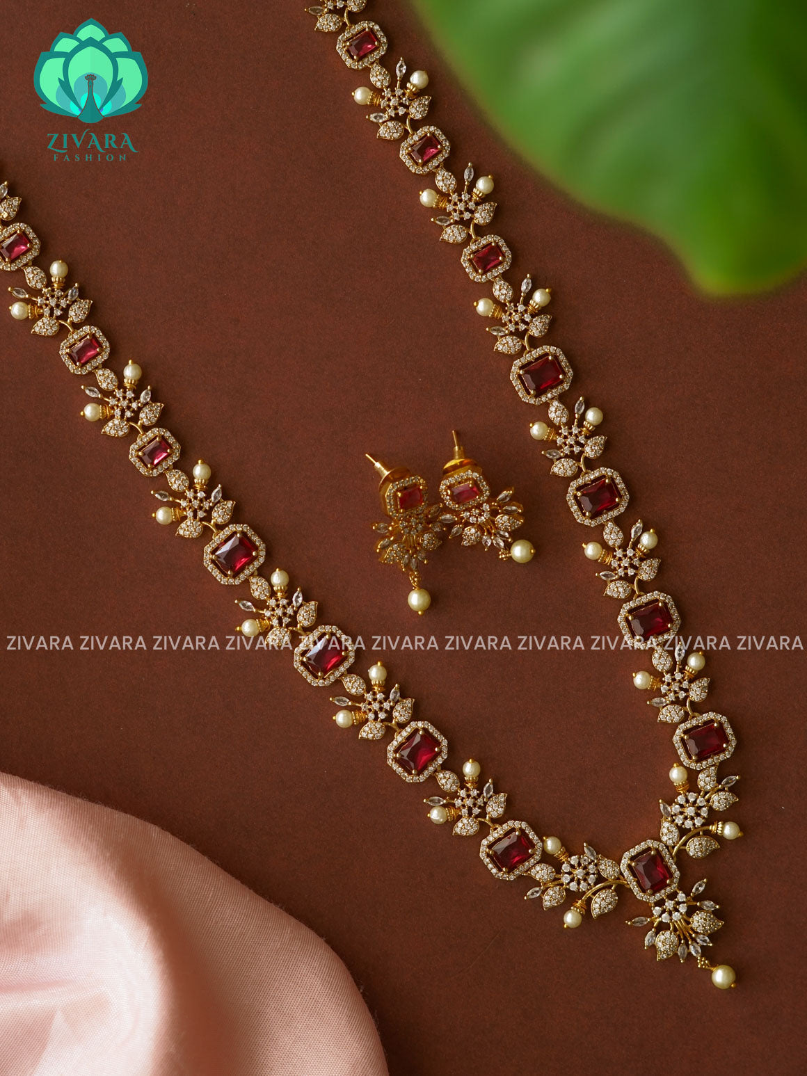 RUBY  ELEGANT  - Traditional PREMIUM MATTE polish MIDCHEST haaram/neckwear with earrings- Zivara Fashion