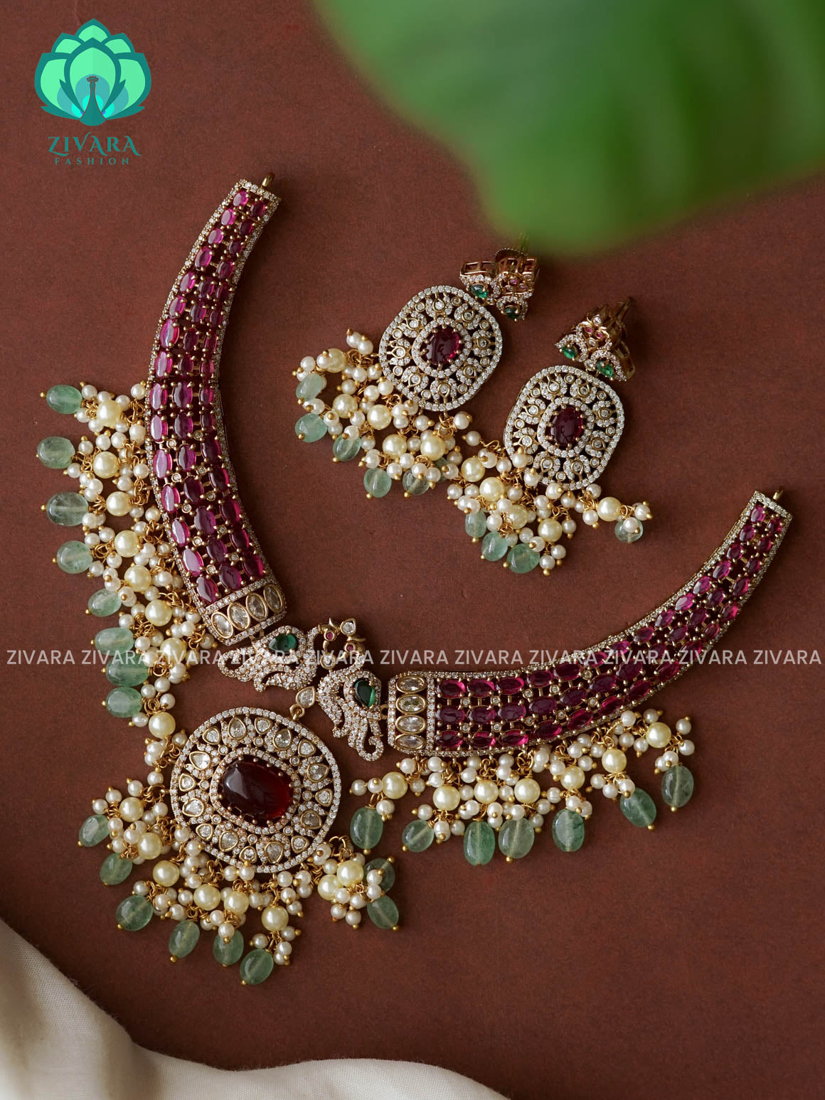 GREEN BEADS HEAVY REAL KEMP  BRIDAL HASLI -Traditional south indian premium neckwear with earrings- Zivara Fashion- latest jewellery design.