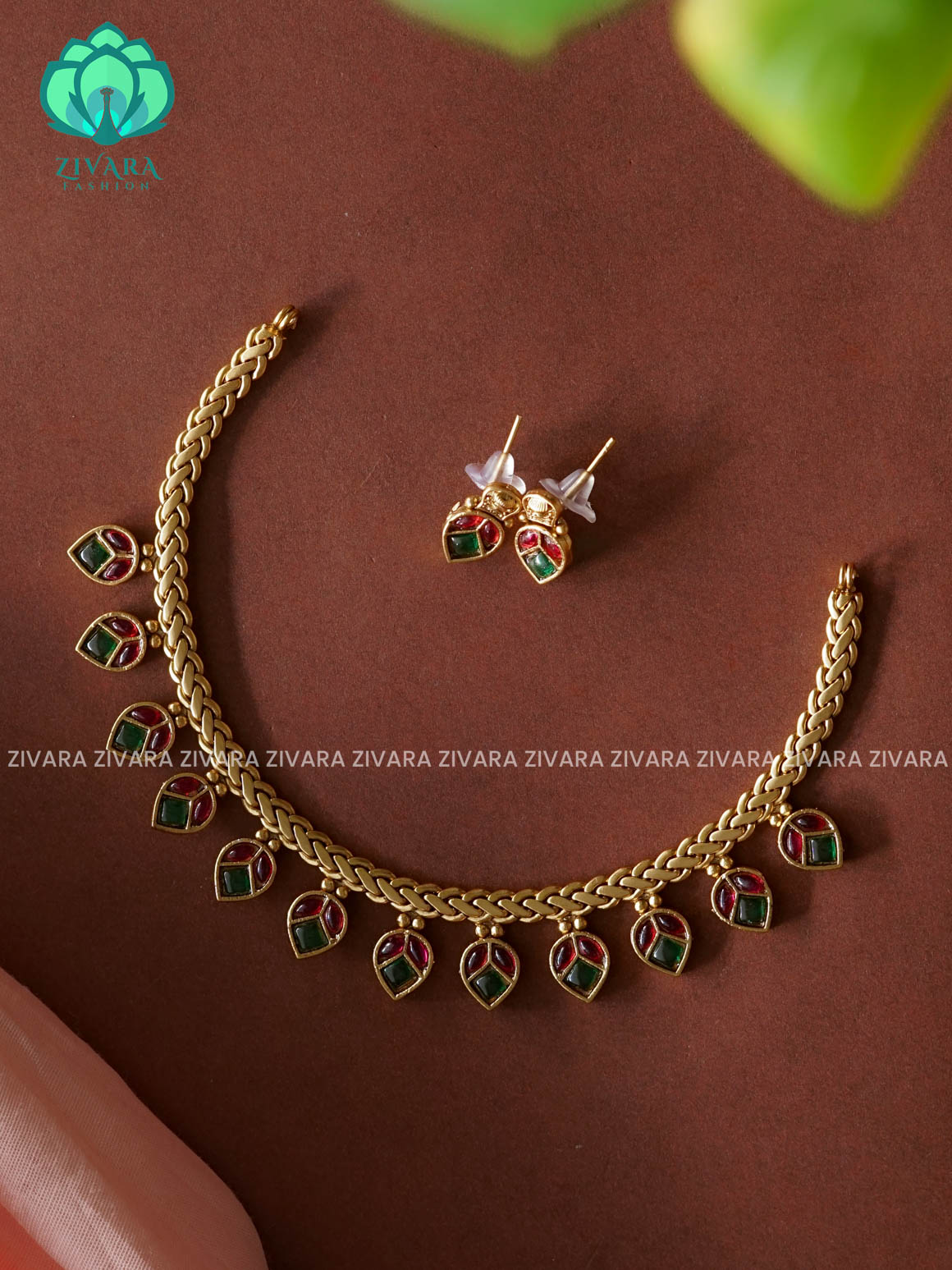 LEAF - Traditional south indian NORMAL MATTE neckwear with earrings - Zivara Fashion
