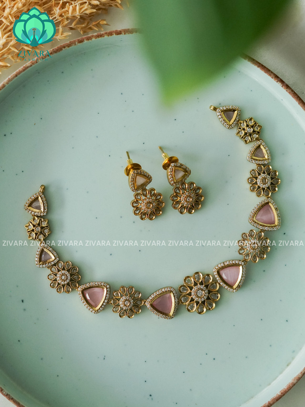 PINK Small Flower and triangle - stylish and minimal elegant neckwear with earrings- Zivara Fashion