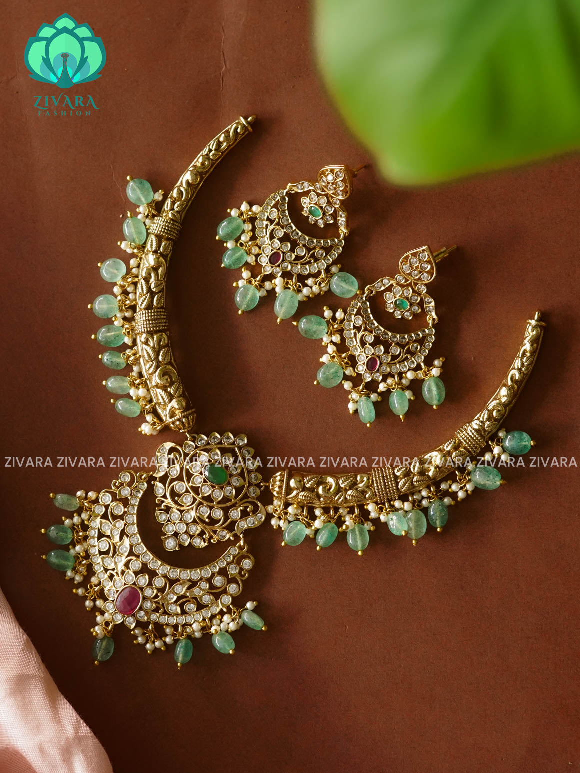 PASTEL GREEN BRIDAL HASLI TRADITIONAL NECK WEAR WITh EARRINGS   - Premium quality CZ Matte collection-south indian jewellery