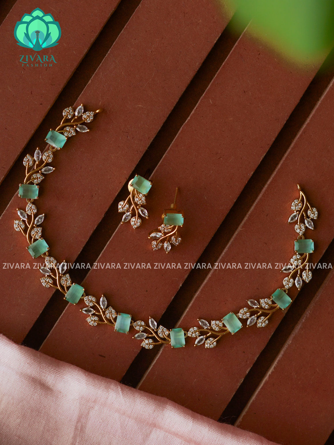 PASTEL GREEN  KIDS FRIENDLY SMALL SIZE LEAF  - stylish and minimal elegant neckwear with earrings- Zivara FashION