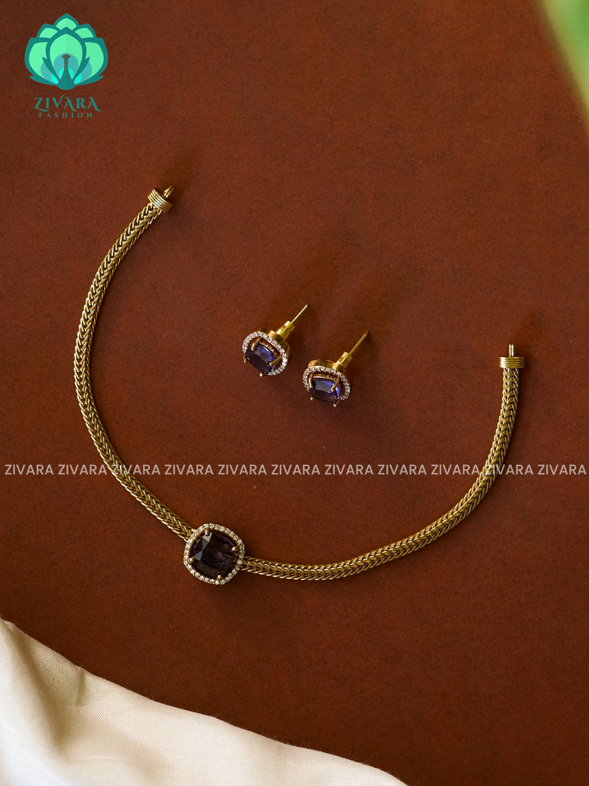 PURPLE Cute SQUARE PENDANT KIDS FRIENDLY flexible chain close neck WEAR WITH EARRINGS   - Premium quality CZ Matte collection-south indian jewellery