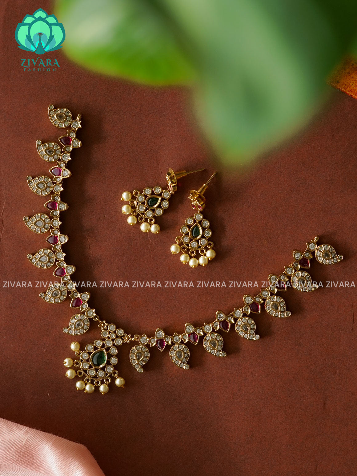 STONE MANGO NECK WEAR WITh EARRINGS   - Premium quality CZ Matte collection-south indian jewellery