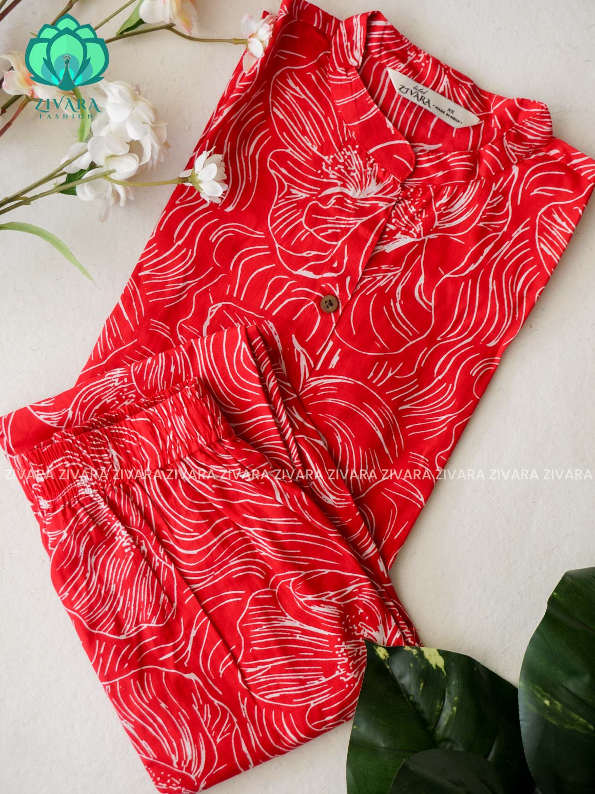 Mahi-RED  - Colourful cotton everyday wear and office wear coord sets for women- Label Zivara
