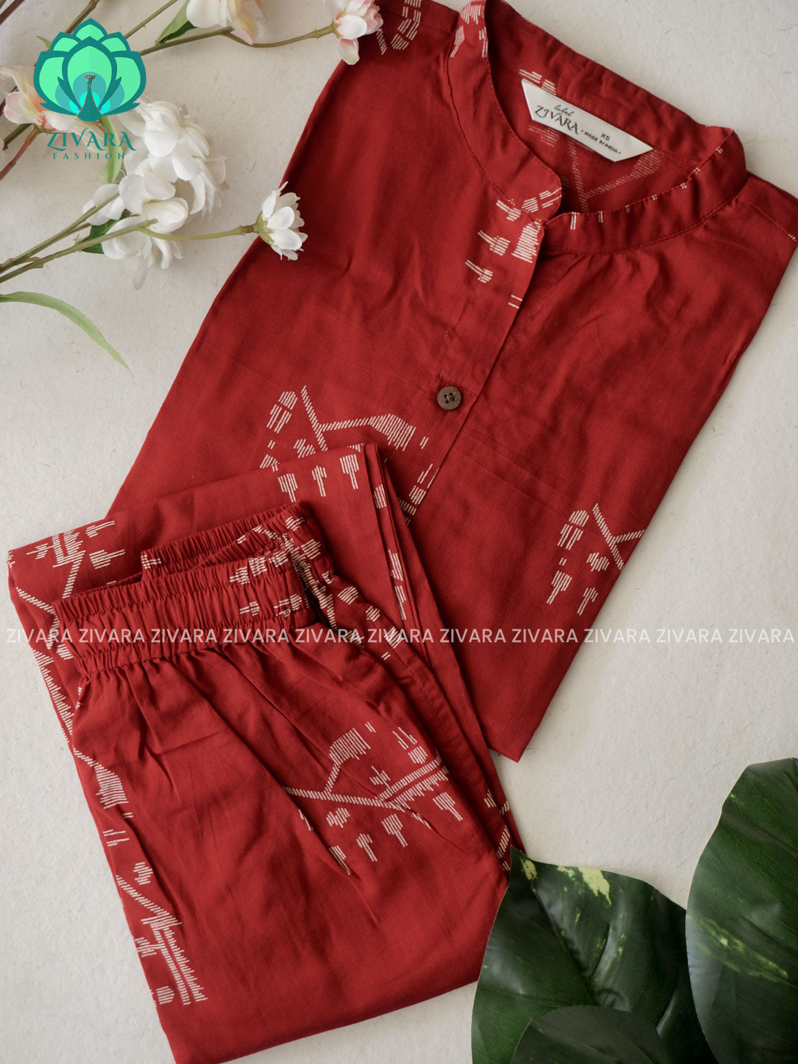 Mahi- MUD RED JAMDANI PRINT- Colourful cotton everyday wear and office wear coord sets for women- Label Zivara