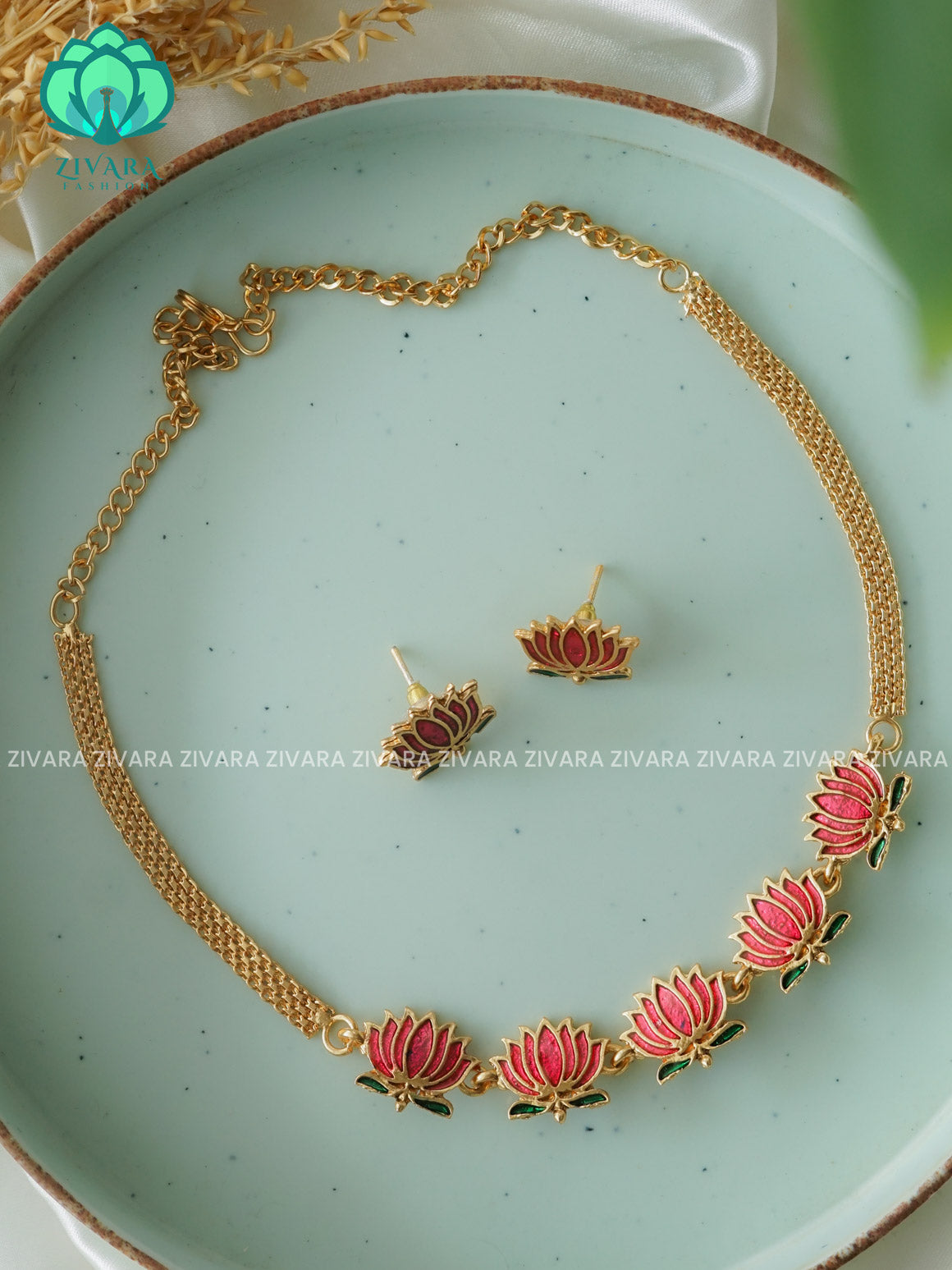 PINK AND GREEN MANJU WARRIER- LOTUS ENAMEL NORMAL MATTE  choker with earrings-latest south indian jewellery