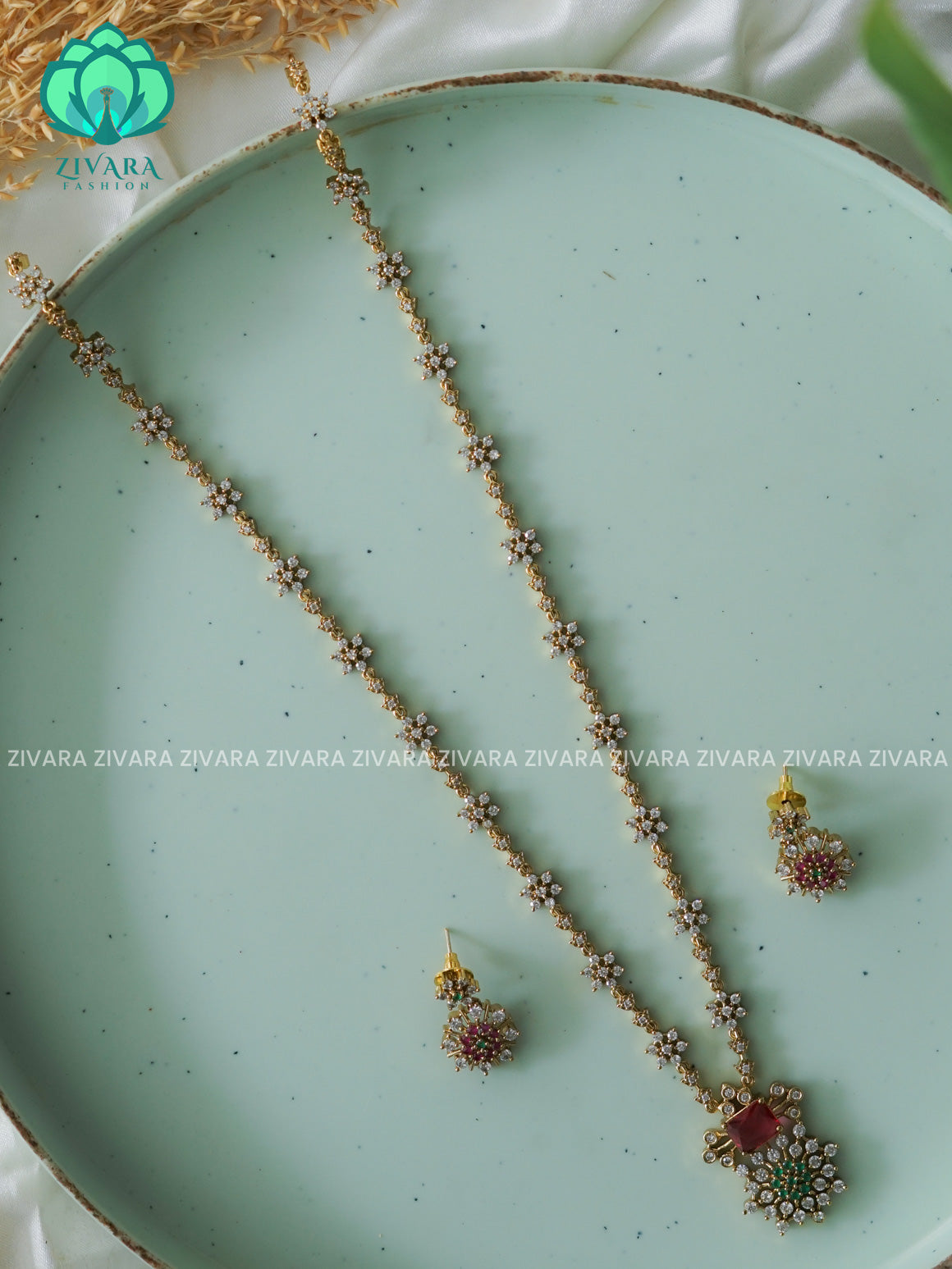 RUBY GREEN  STAR ELEGANT  - Traditional PREMIUM MATTE polish MIDCHEST haaram/neckwear with earrings- Zivara Fashion