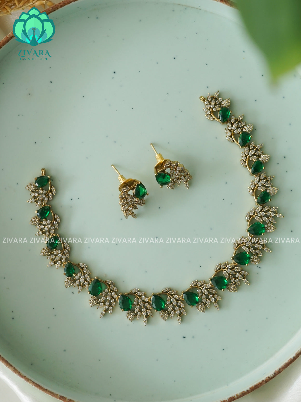 GREEN - TEAR AND LEAF CLUSTER- SUBTLE GOLD POLISH stylish and minimal elegant neckwear with earrings- Zivara Fashion