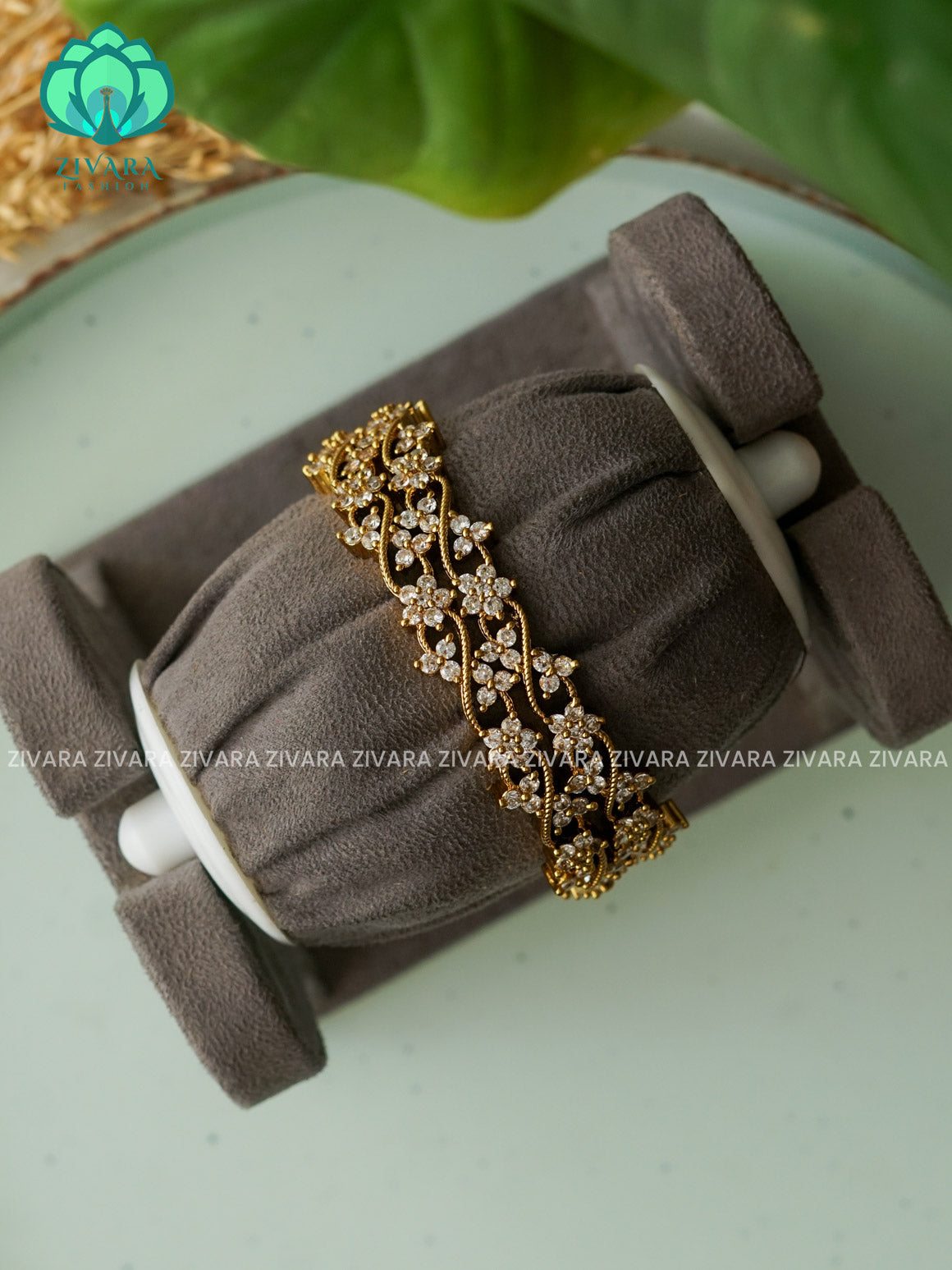 2 piece simple White stone Floral bangles - Dull Finish - latest bangles design