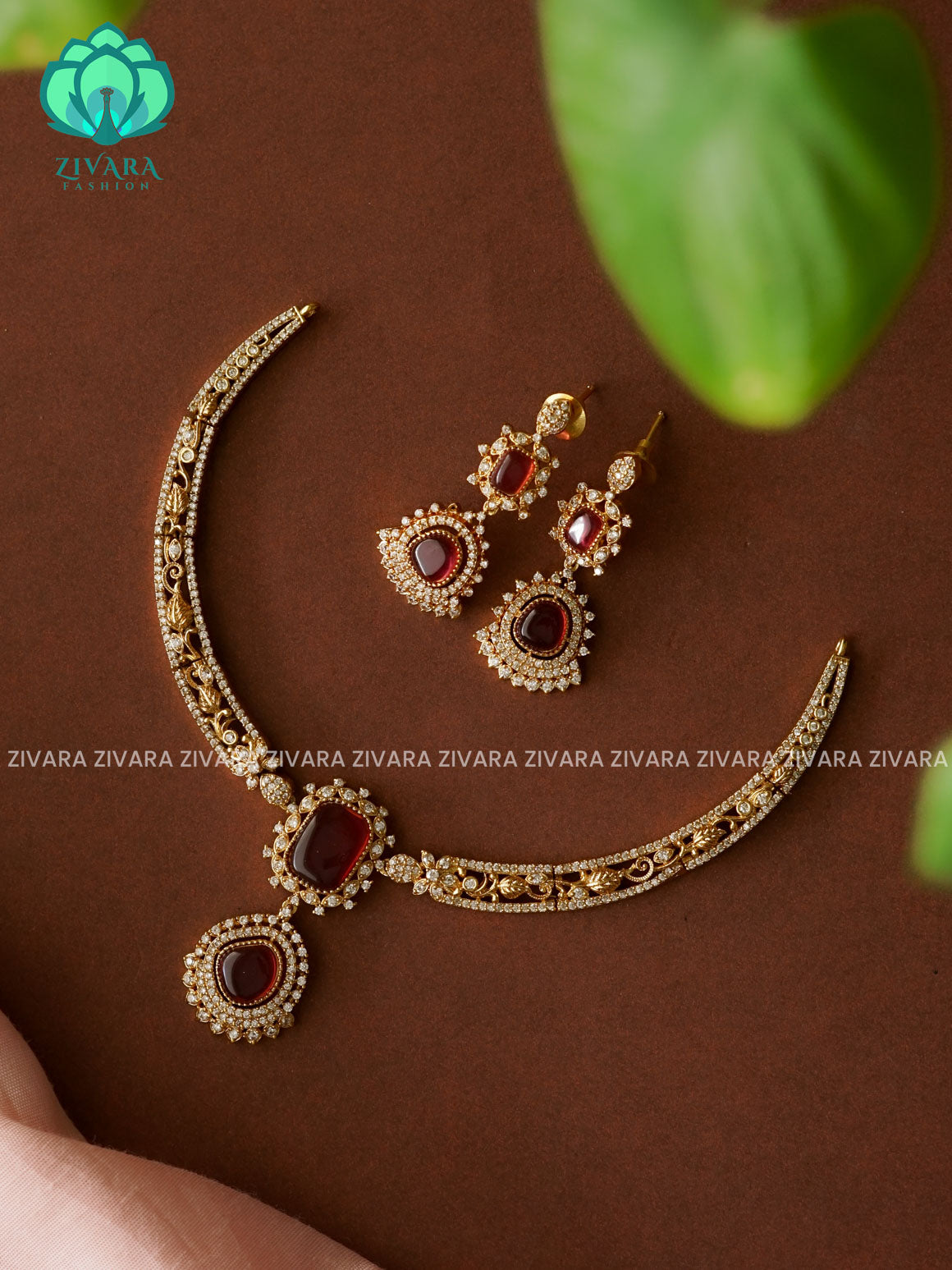RUBY Cute pendant  hasli NECK WEAR WITh EARRINGS   - Premium quality CZ Matte collection-south indian jewellery