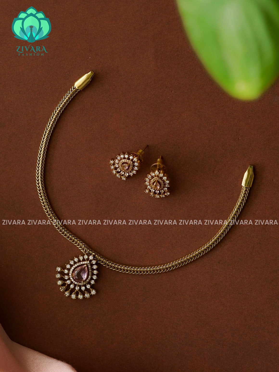 PASTEL PINK Tear pendant dark finish flexible chain - Traditional south indian premium neckwear with earrings- Zivara Fashion- latest jewellery design