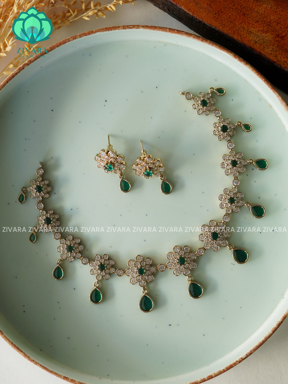 GREEN -HANGING TEAR AND FLOWER - GOLD FINISH stylish and minimal elegant neckwear with earrings- Zivara Fashion