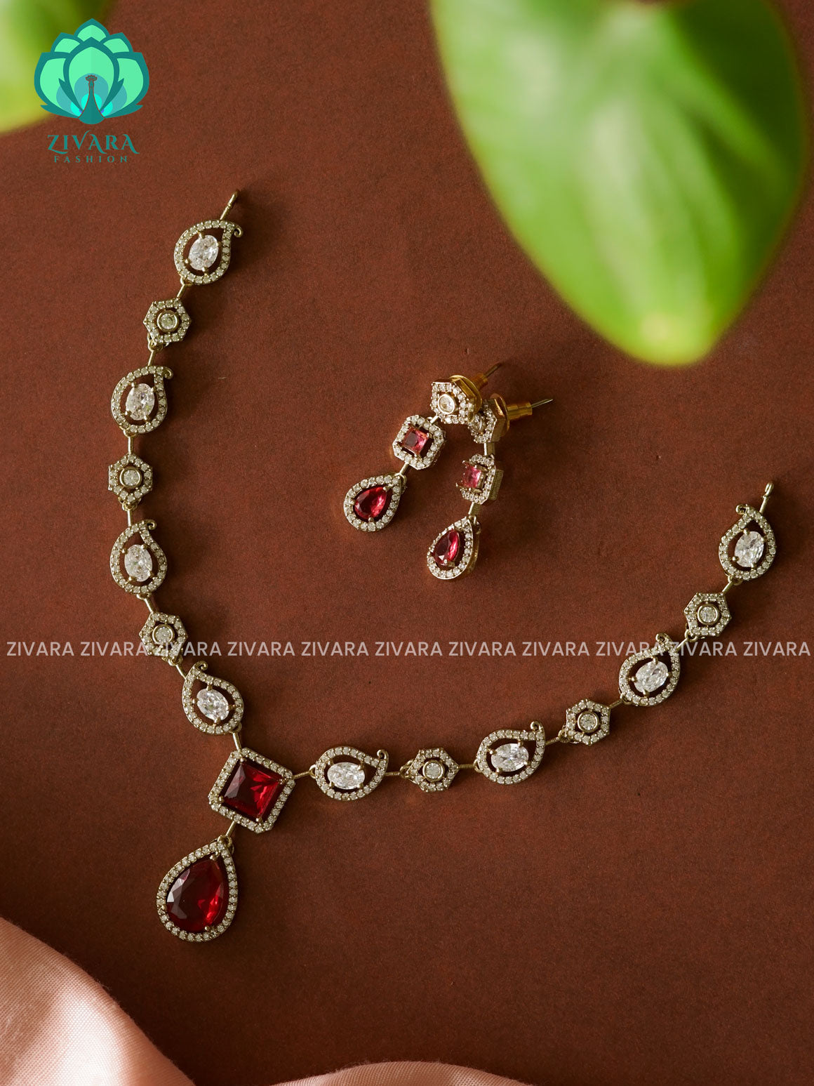 RUBY WHITE STONE TEAR PENDANT   - stylish and minimal elegant neckwear with earrings- Zivara Fashion