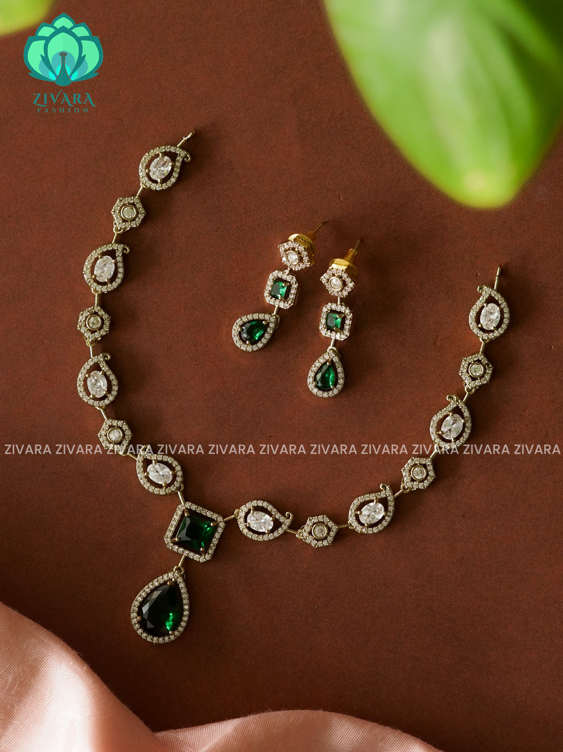 GREEN WHITE STONE TEAR PENDANT   - stylish and minimal elegant neckwear with earrings- Zivara Fashion
