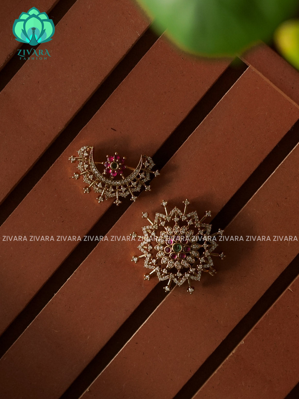 RUBY and GREEN -SUN MOON - SURYA CHANDRA - TRADITIONAL(2 INCHES) REAL KEMP  HAIR ACCESSORIES- ZIVARA FASHION