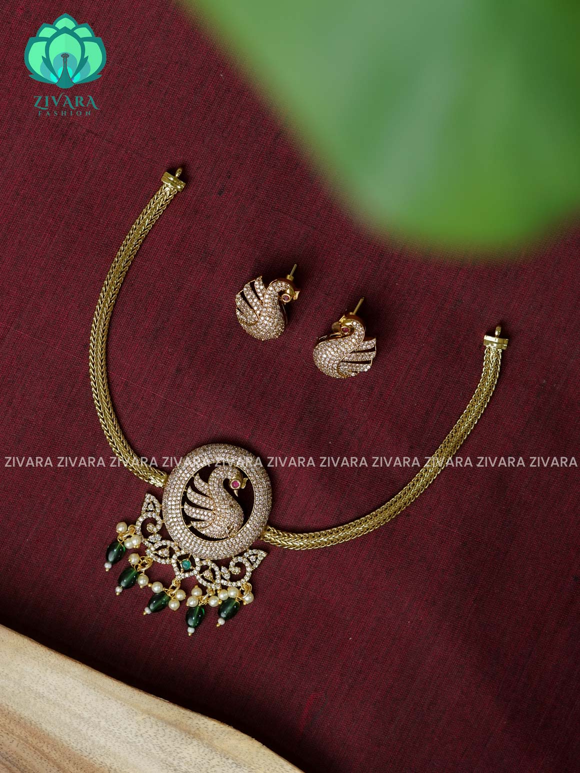 GREEN - PEACOCK FLEXIBLE CHAIN -Traditional south indian NORMAL MATTE neckwear with earrings- Zivara Fashion- latest jewellery design.