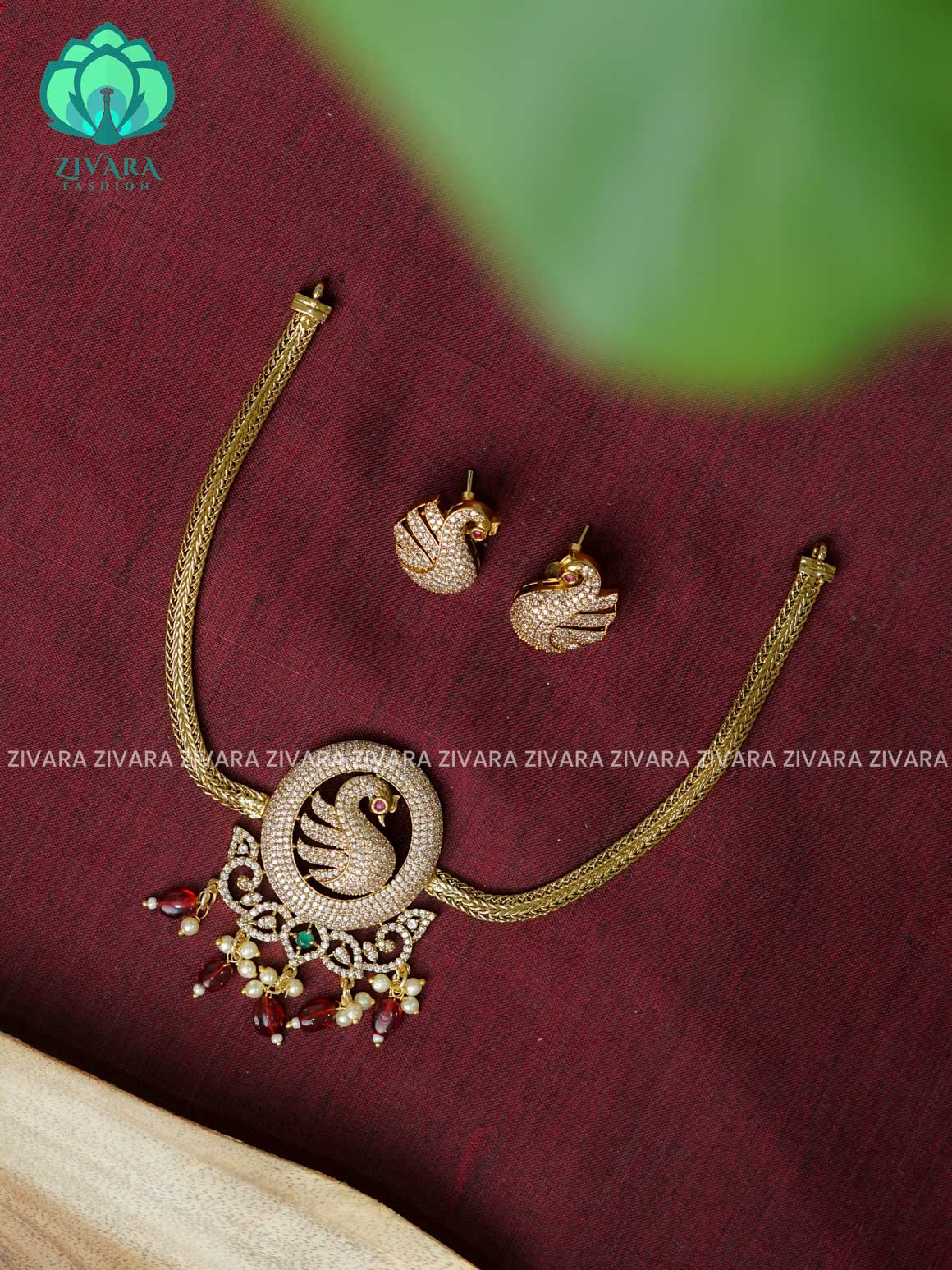 RED - PEACOCK FLEXIBLE CHAIN -Traditional south indian NORMAL MATTE neckwear with earrings- Zivara Fashion- latest jewellery design.